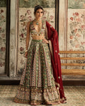 Sage-Maroon Print And Highlighted Lehenga Set By KYNAH, Luxury Indian Fashion & Bridal Wear