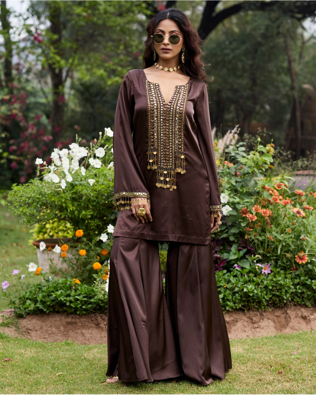 Mocha Brown Embroidered Satin Kurti Set By KYNAH, Luxury Indian Fashion & Bridal Wear