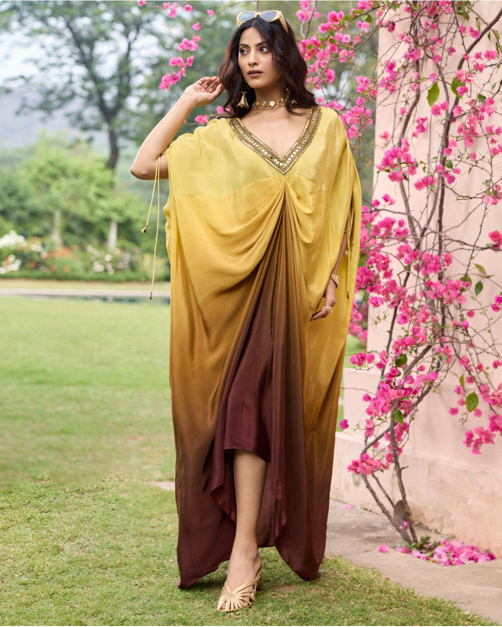 Brown Yellow Ombre Kaftan By KYNAH, Luxury Indian Fashion & Bridal Wear