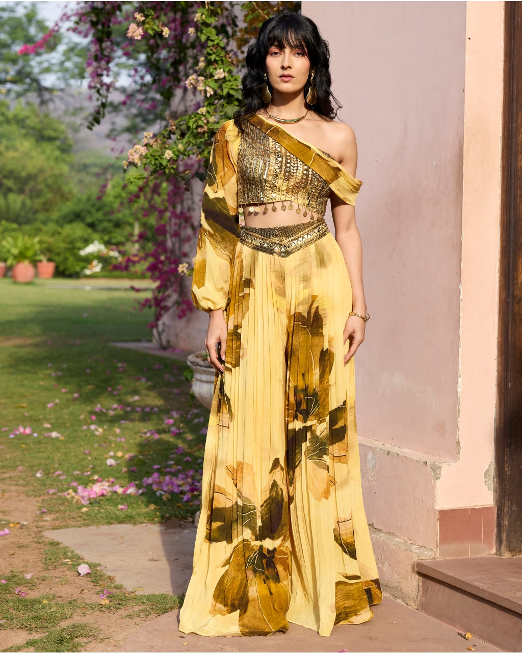 Butter Yellow Floral One Shoulder Co-ord Set By KYNAH, Luxury Indian Fashion & Bridal Wear