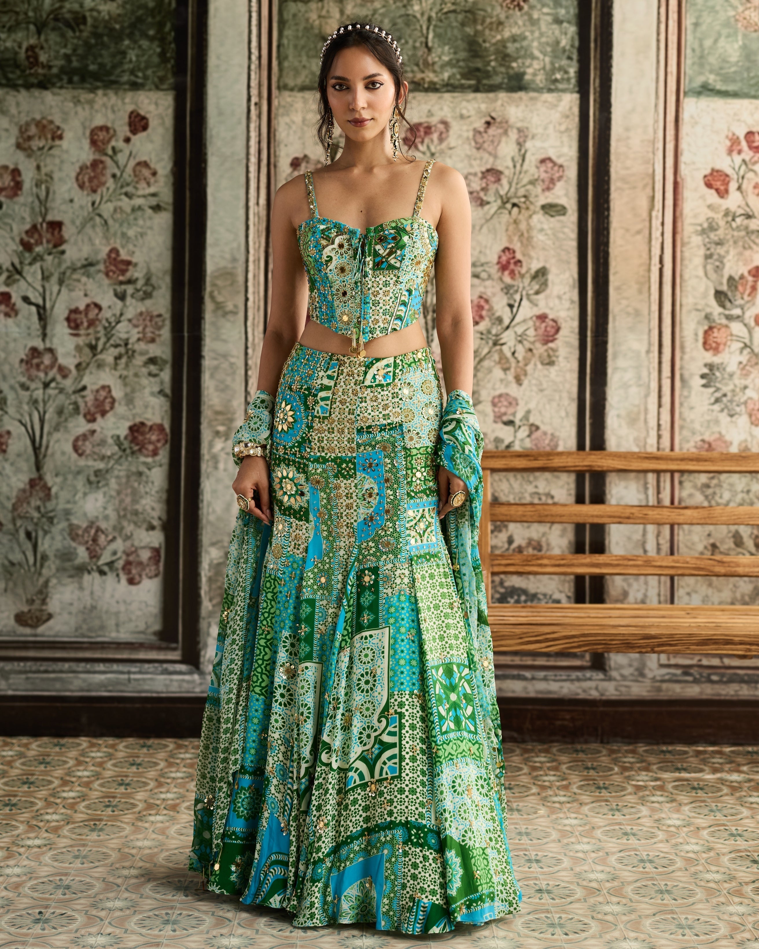 Aqua Print Mermaid Skirt With Corset Set By KYNAH, Luxury Indian Fashion & Bridal Wear