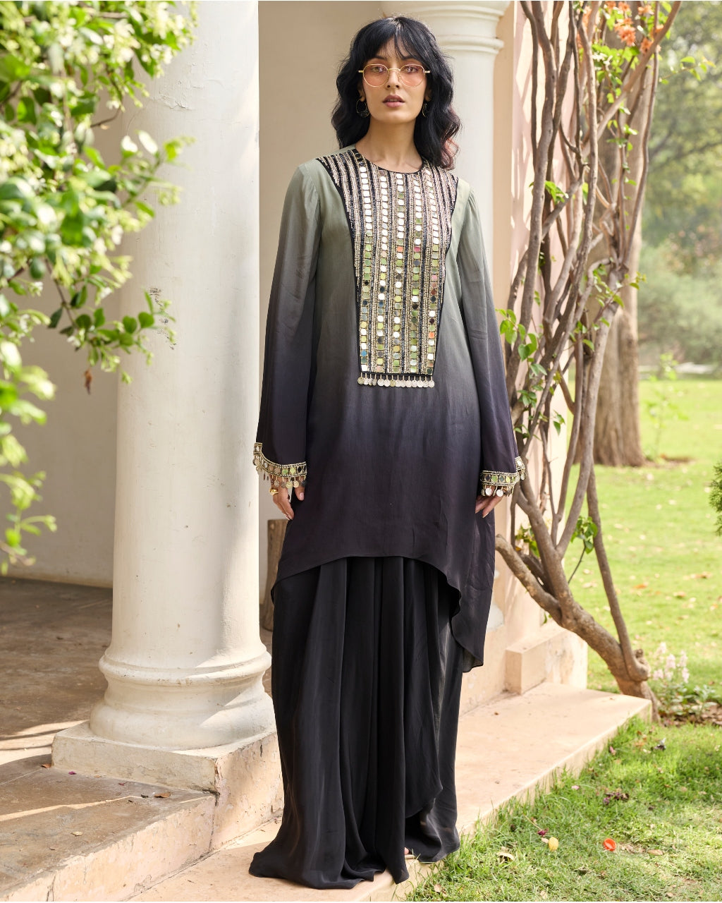 Black - Grey Ombre Embroidered Kurti Set By KYNAH, Luxury Indian Fashion & Bridal Wear