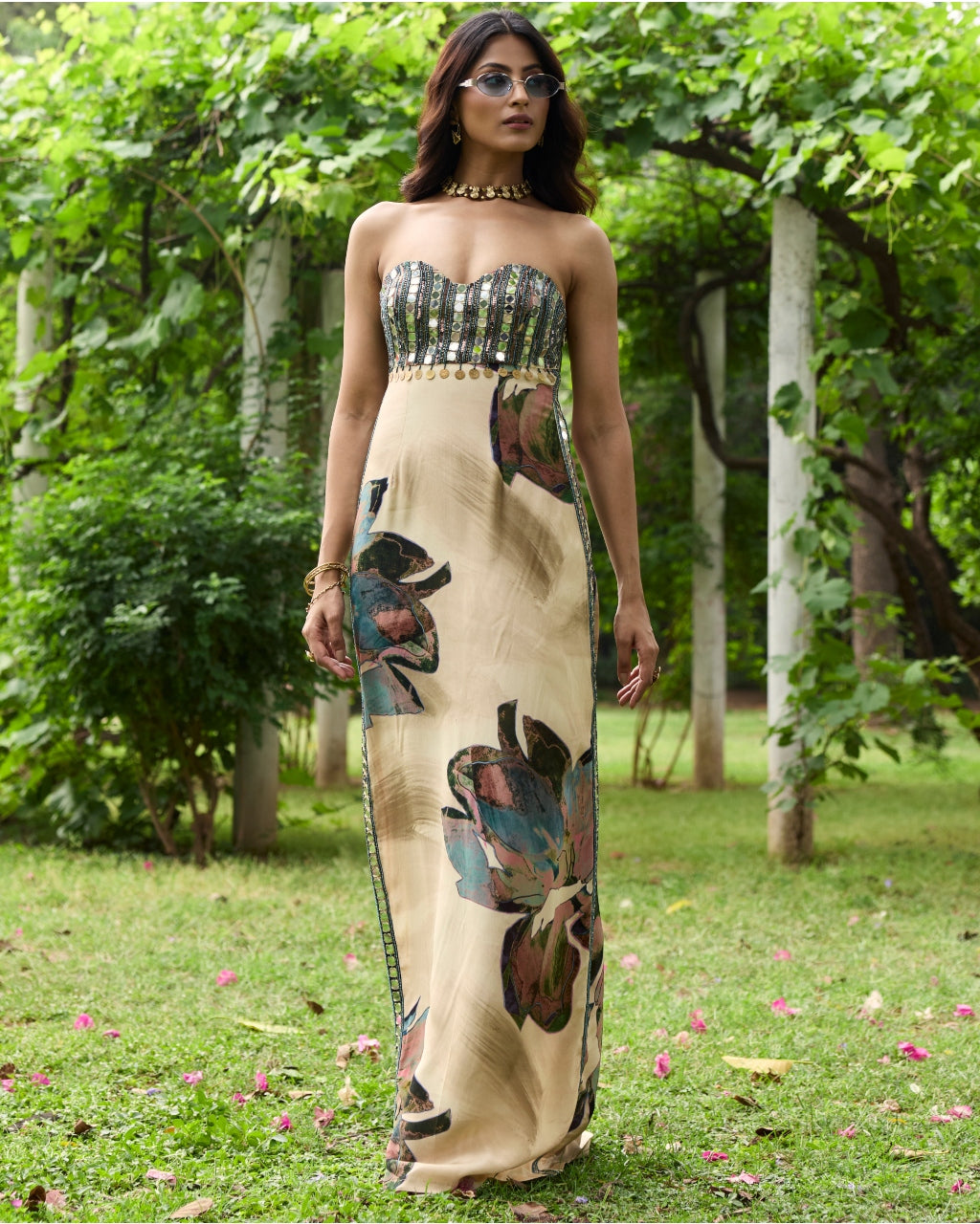 Beige Floral Slit Dress By KYNAH, Luxury Indian Fashion & Bridal Wear