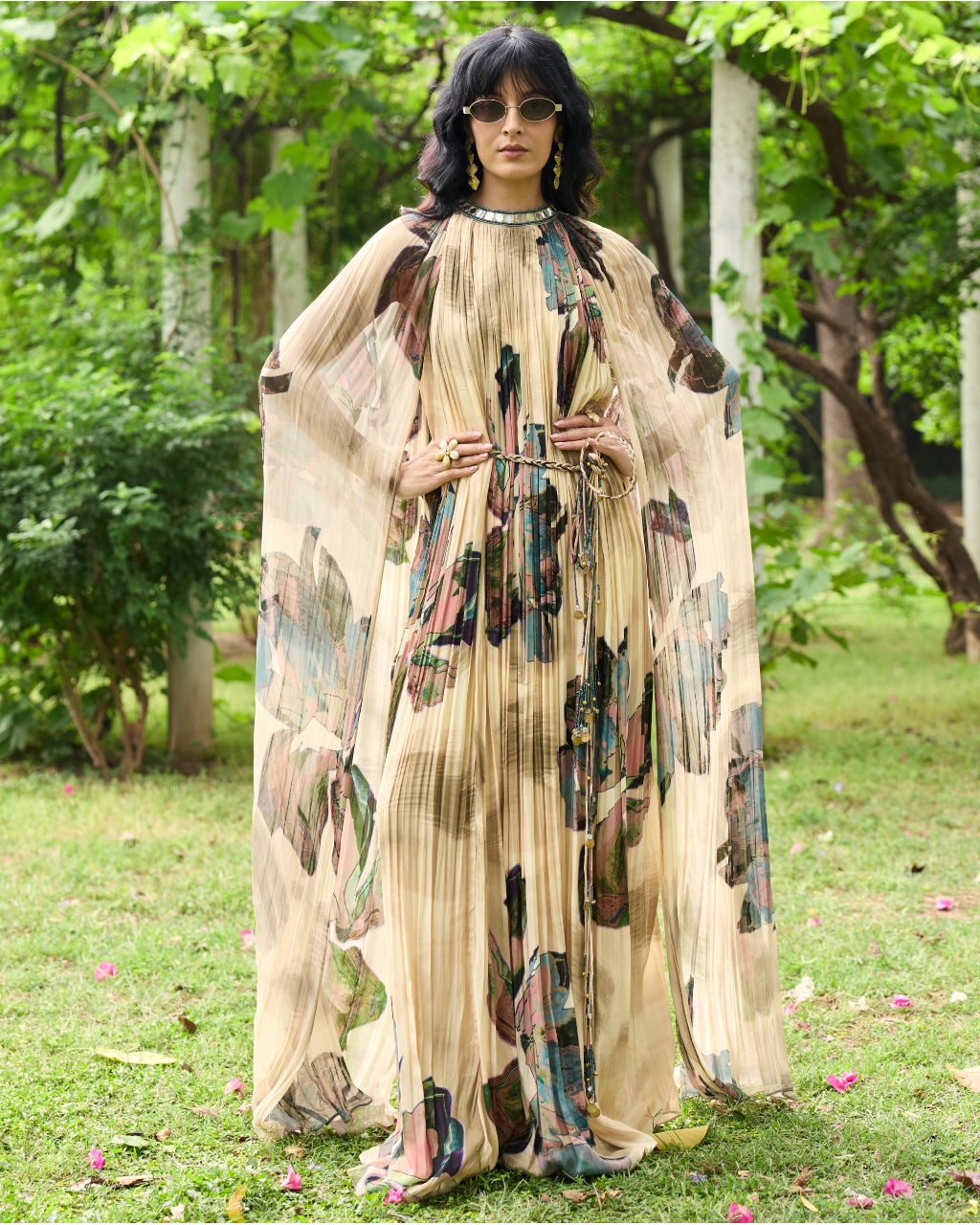 Beige Floral Rouched Maxi Dress By KYNAH, Luxury Indian Fashion & Bridal Wear