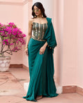 Bottle Green Embroidered Corset Sari Set By KYNAH, Luxury Indian Fashion & Bridal Wear