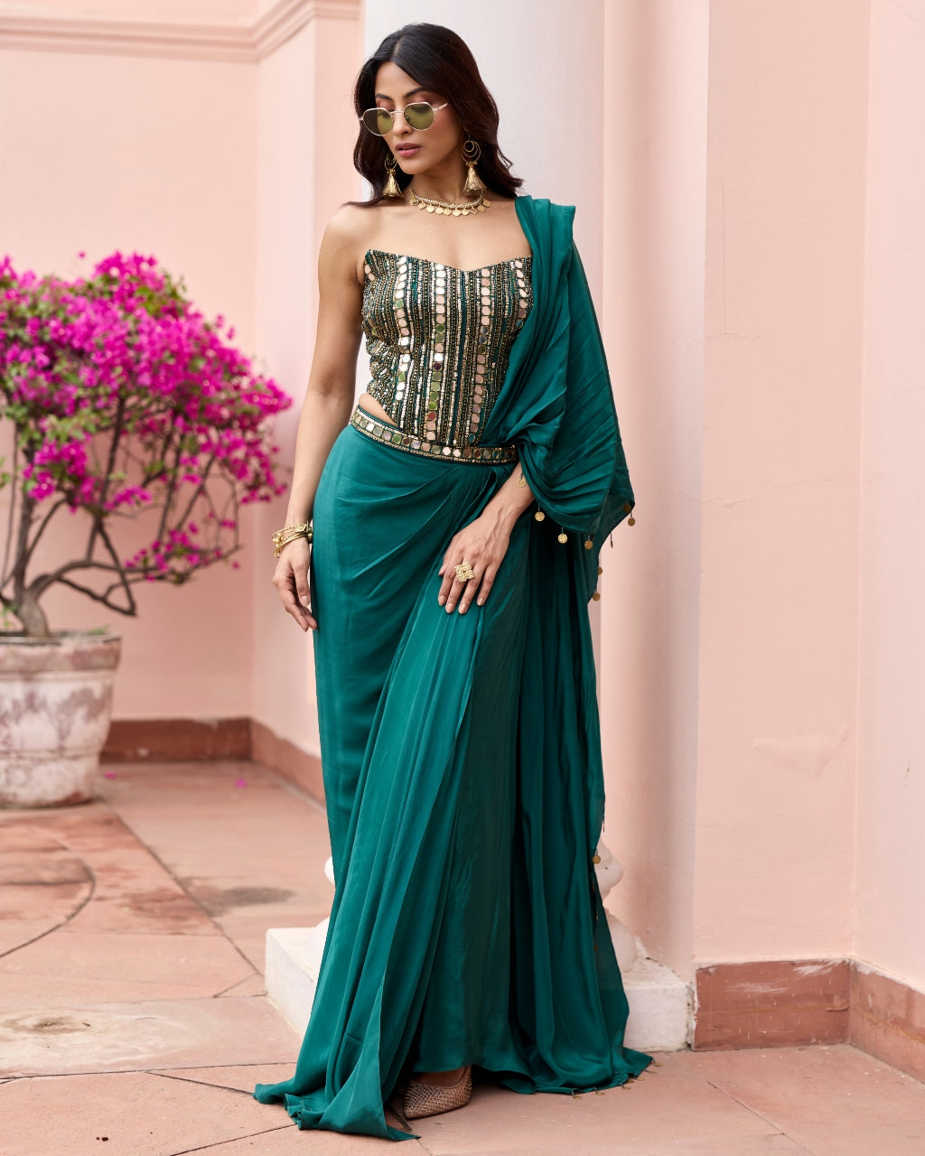 Bottle Green Embroidered Corset Sari Set By KYNAH, Luxury Indian Fashion & Bridal Wear