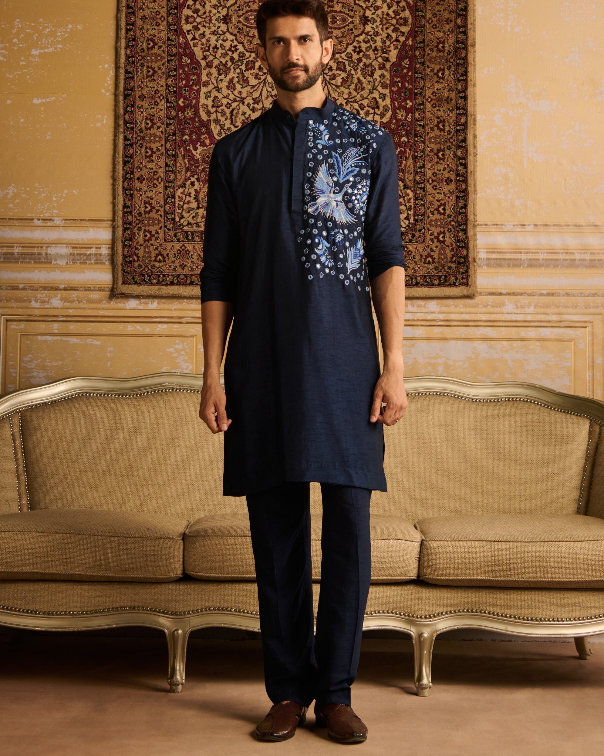 Dark Blue Cosmic Floral Embroidered Kurta With Dark Blue Pants By KYNAH, Luxury Indian Fashion & Bridal Wear