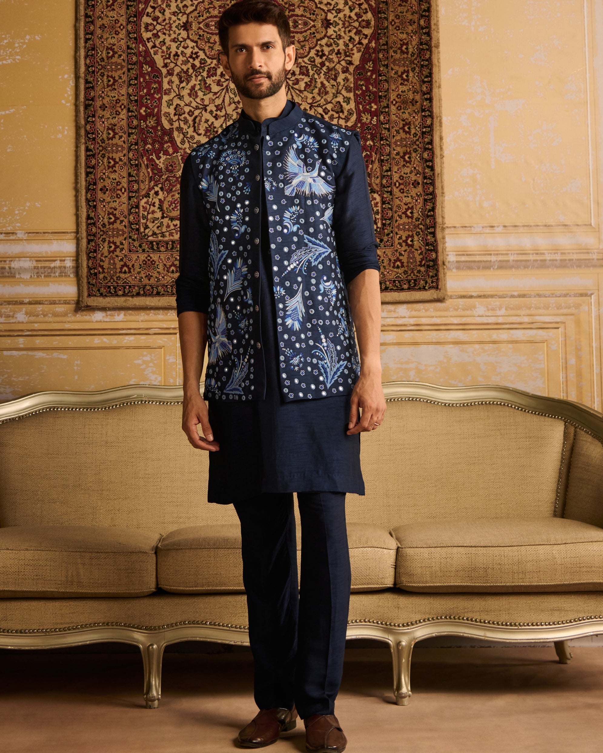 Dark Blue Cosmic Floral Embroidered Bundi & Kurta Set By KYNAH, Luxury Indian Fashion & Bridal Wear