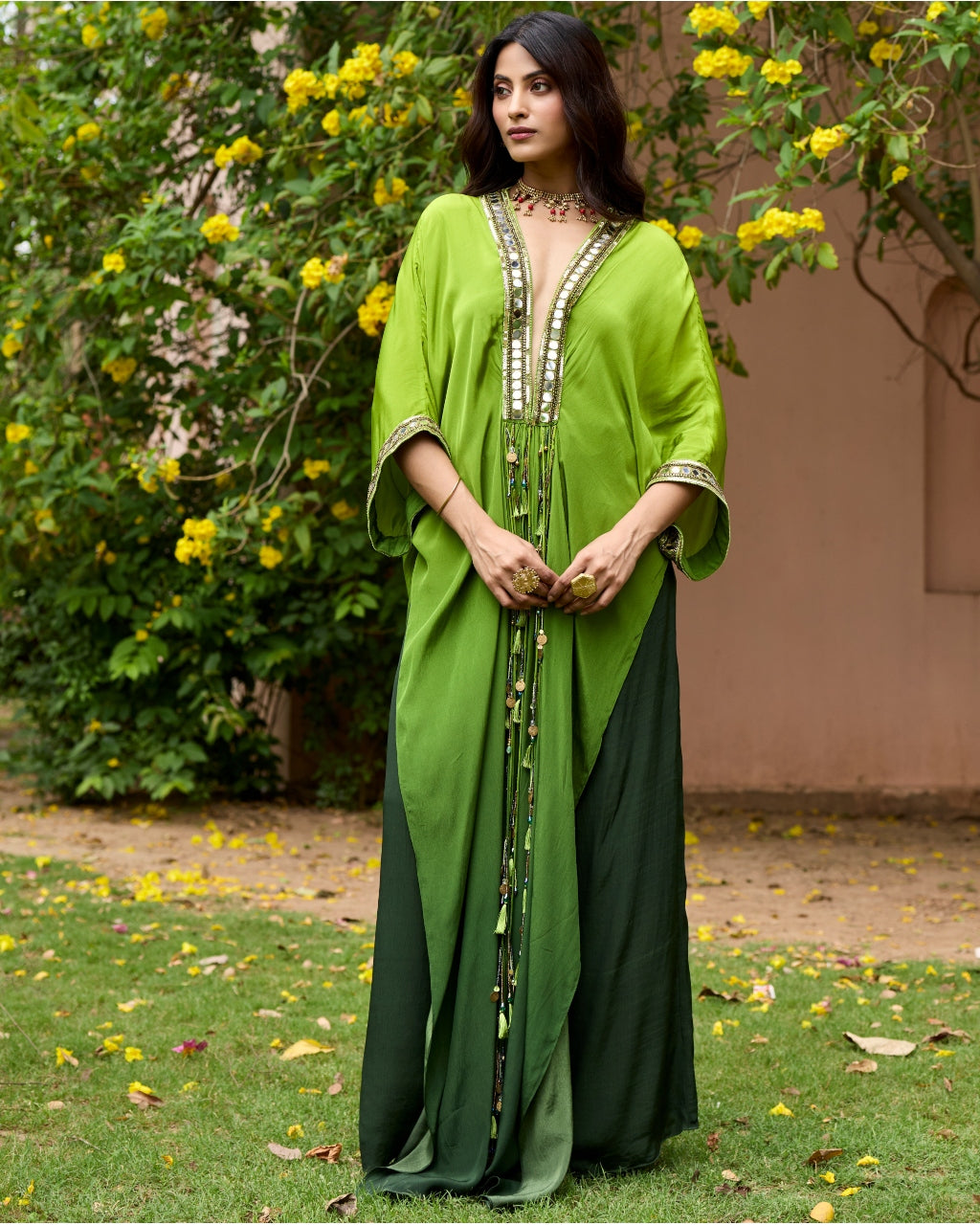 Algae Green Ombre Kaftan Set By KYNAH, Luxury Indian Fashion & Bridal Wear