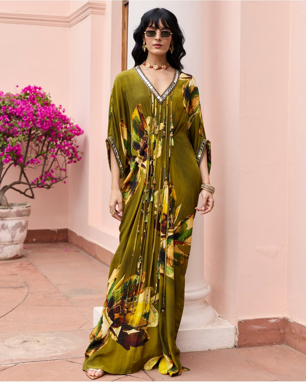 Matcha Green Floral Kaftan By KYNAH, Luxury Indian Fashion & Bridal Wear