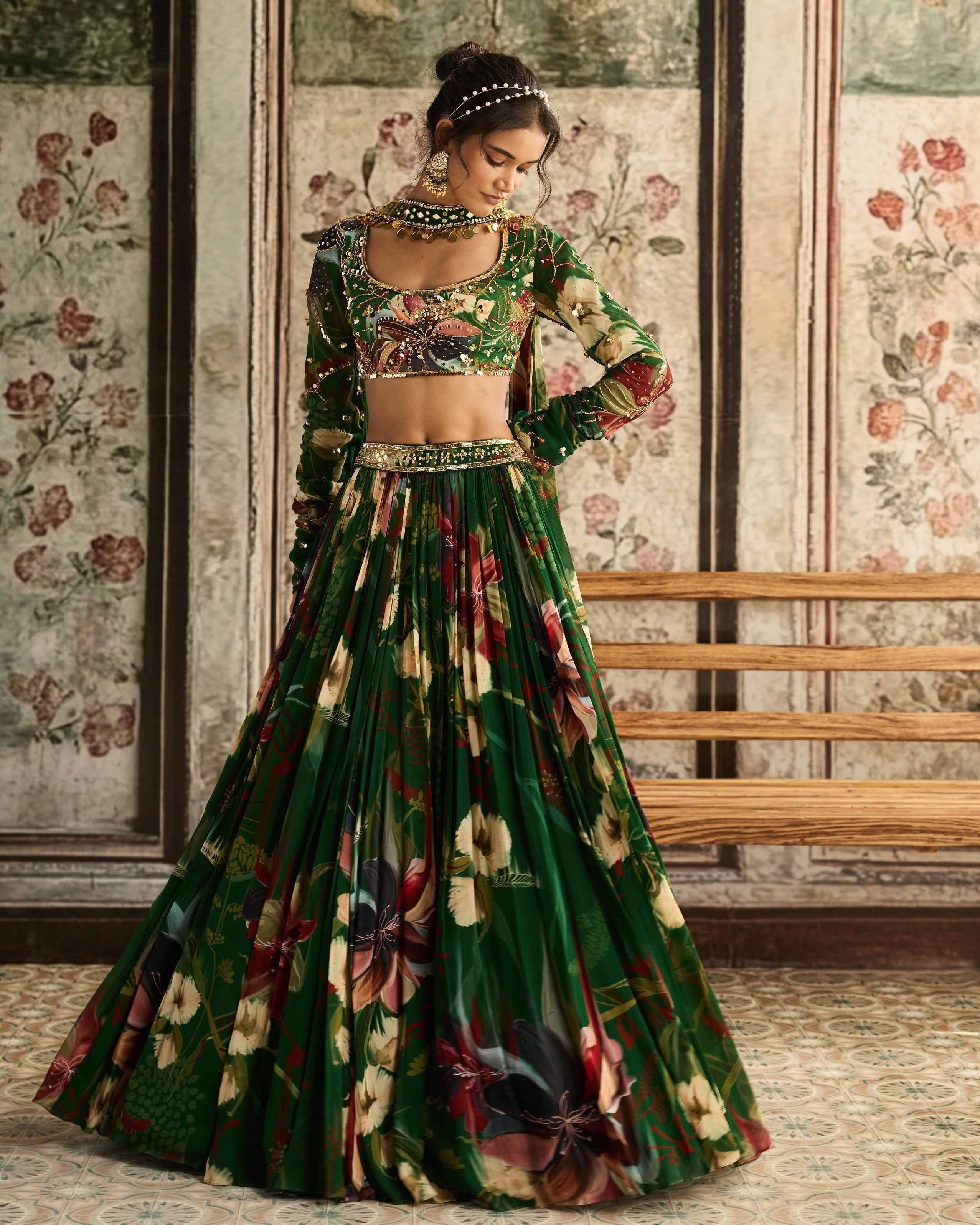 Green Floral Printed Lehenga Set By KYNAH, Luxury Indian Fashion & Bridal Wear