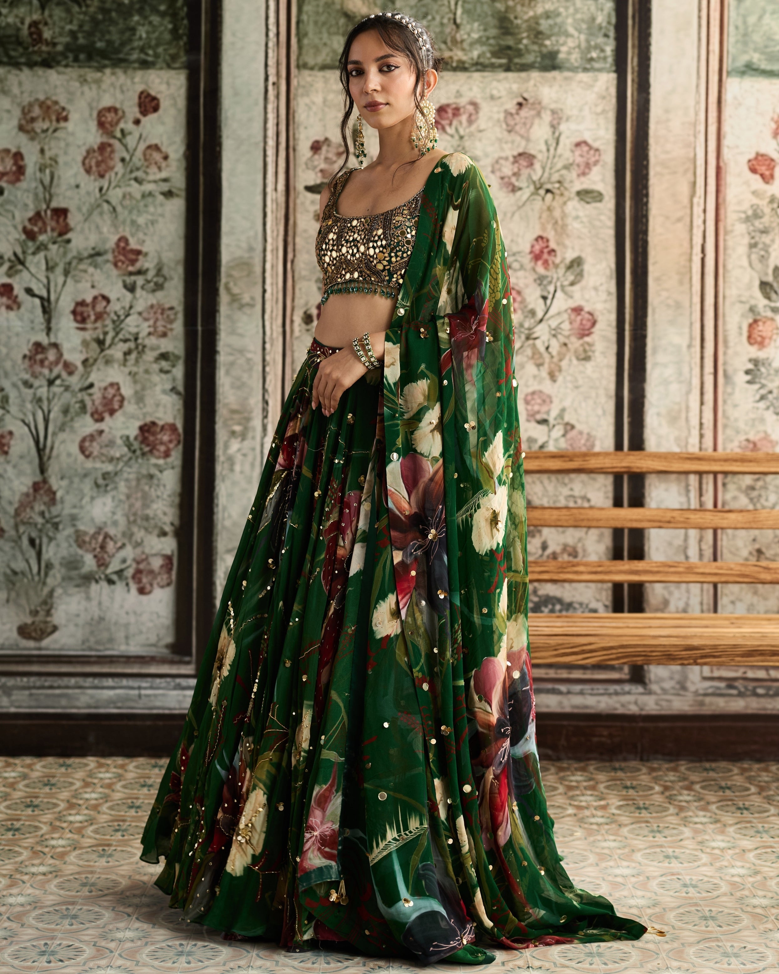 Green Floral Print And Lehenga Set By KYNAH, Luxury Indian Fashion & Bridal Wear