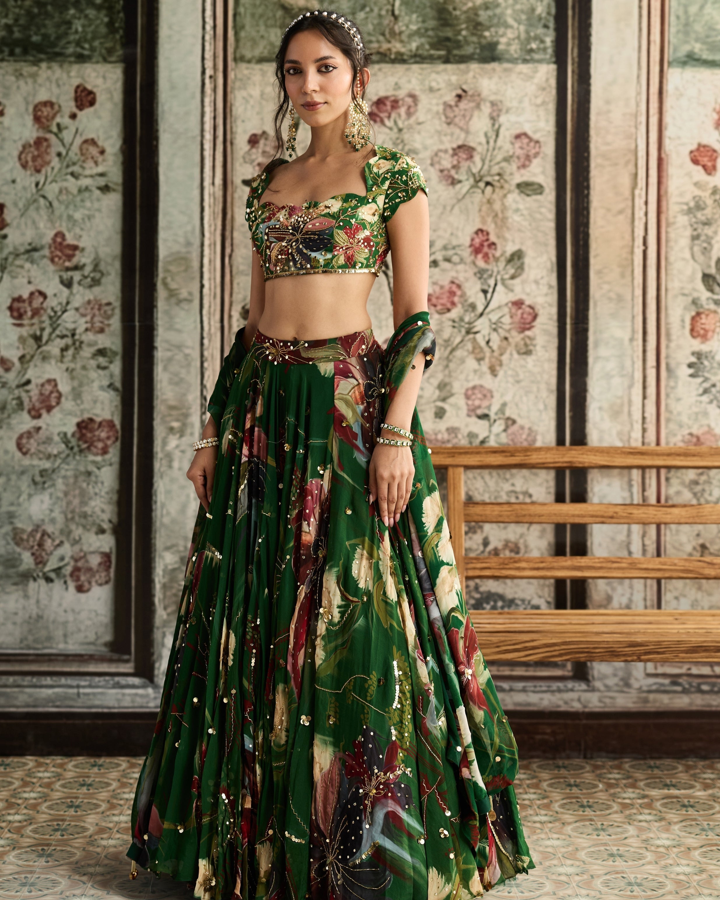 Green Floral Print And Highlighted Lehenga Set By KYNAH, Luxury Indian Fashion & Bridal Wear