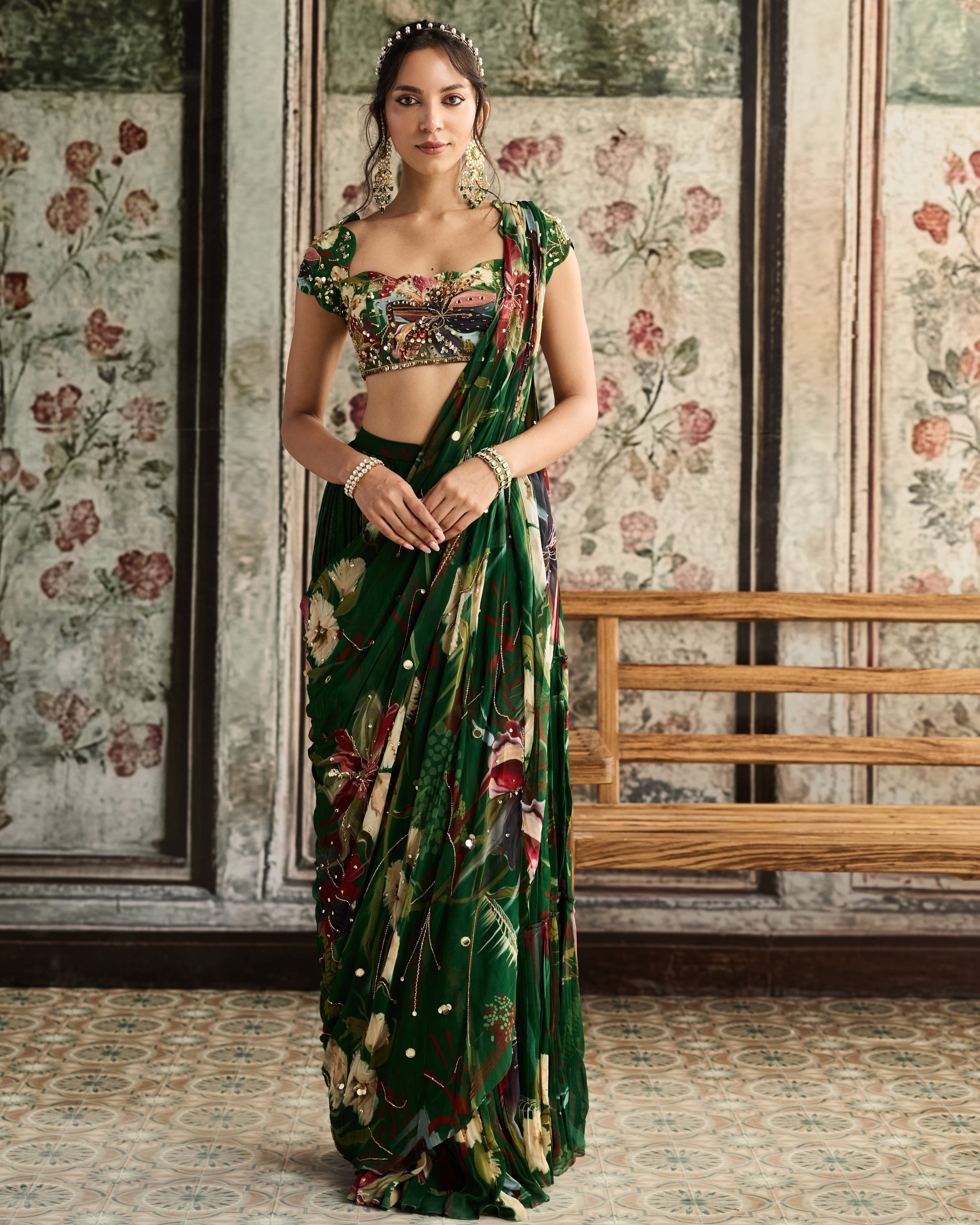 Green Floral Print And Skirt Sari Set By KYNAH, Luxury Indian Fashion & Bridal Wear