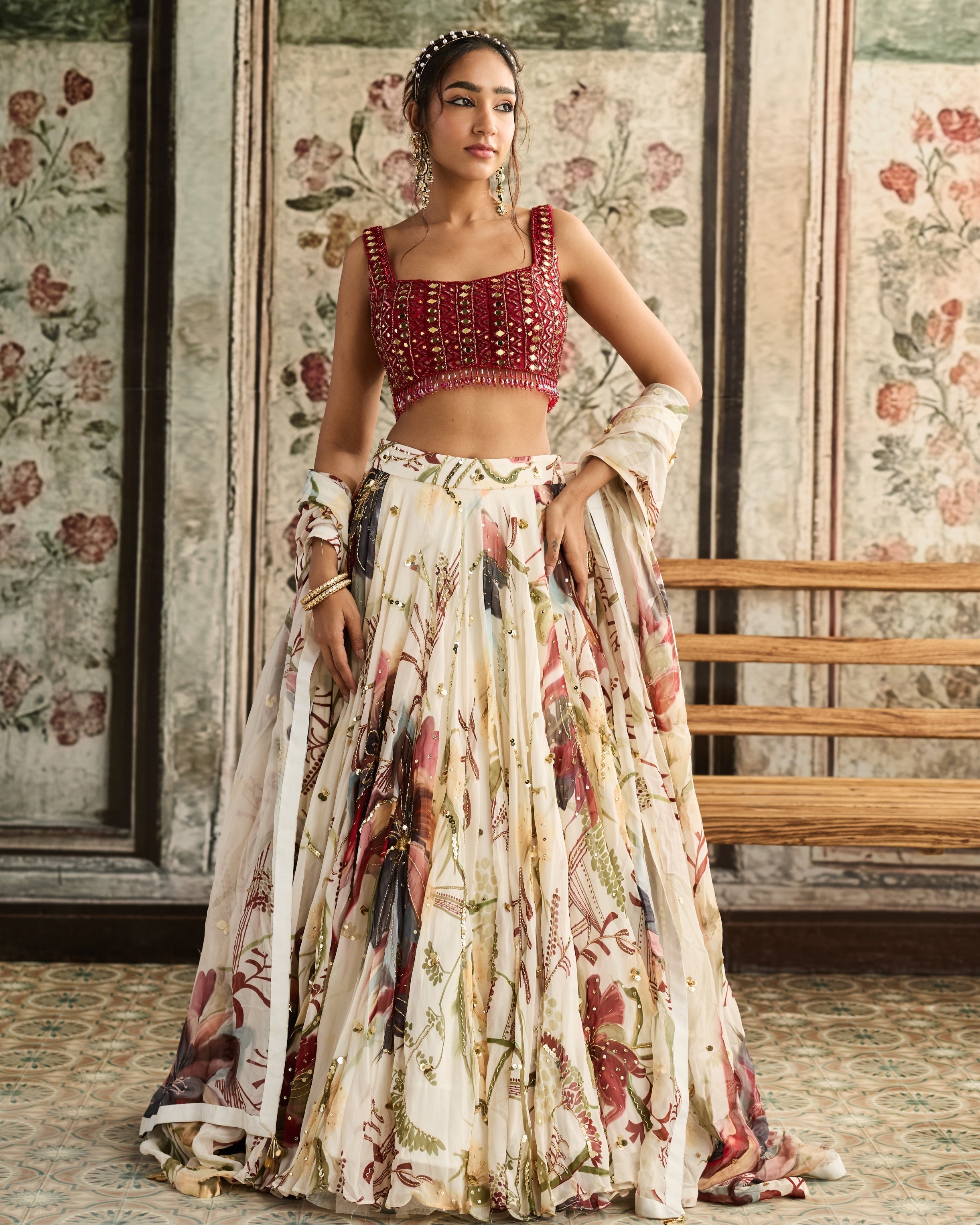 Ivory And Red Floral Print Lehenga Set By KYNAH, Luxury Indian Fashion & Bridal Wear