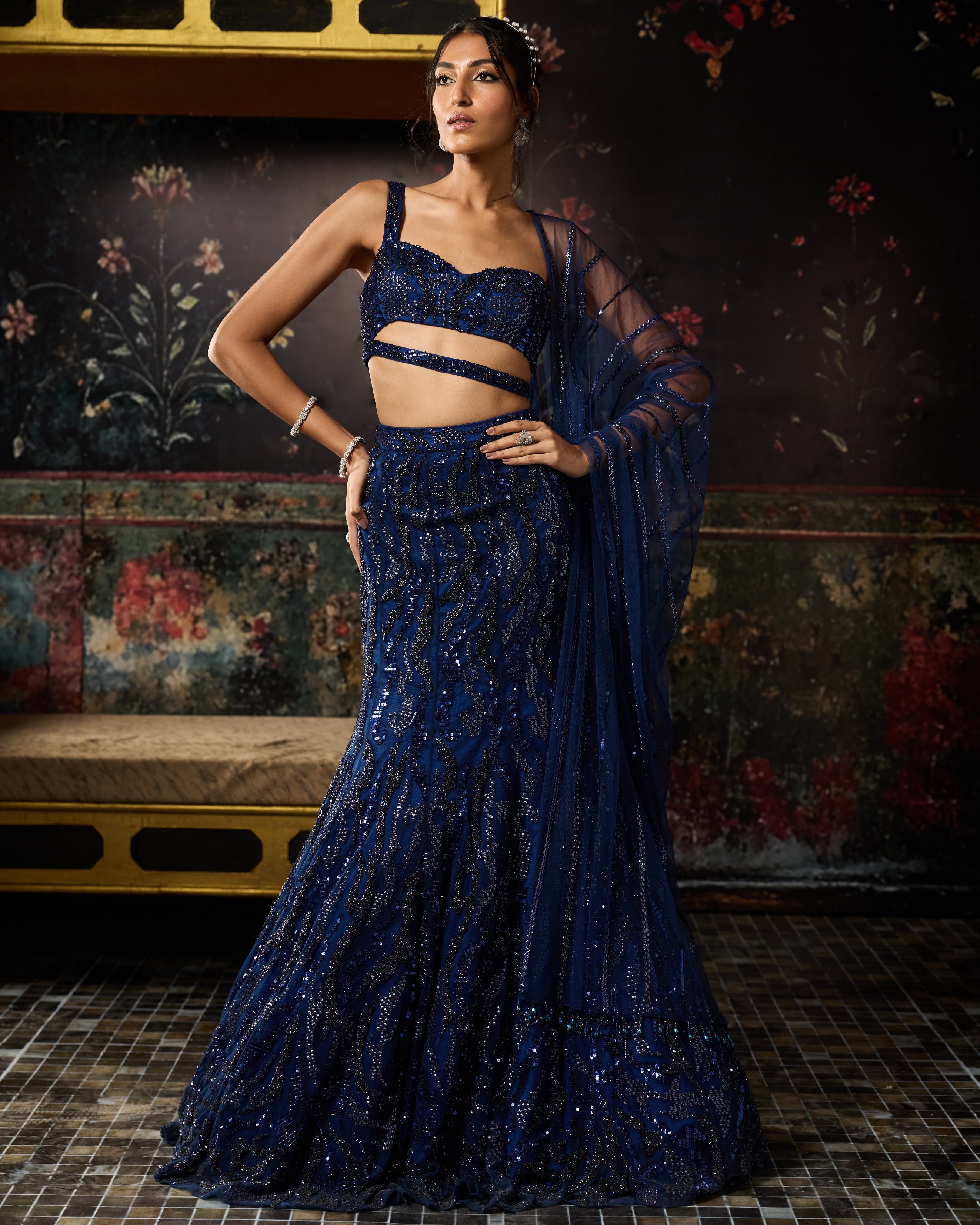 Dark Blue Embellished Mermaid Skirt Set By KYNAH, Luxury Indian Fashion & Bridal Wear