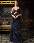 Midnight Blue Embellished Mermaid Skirt Sari Set By KYNAH, Luxury Indian Fashion & Bridal Wear