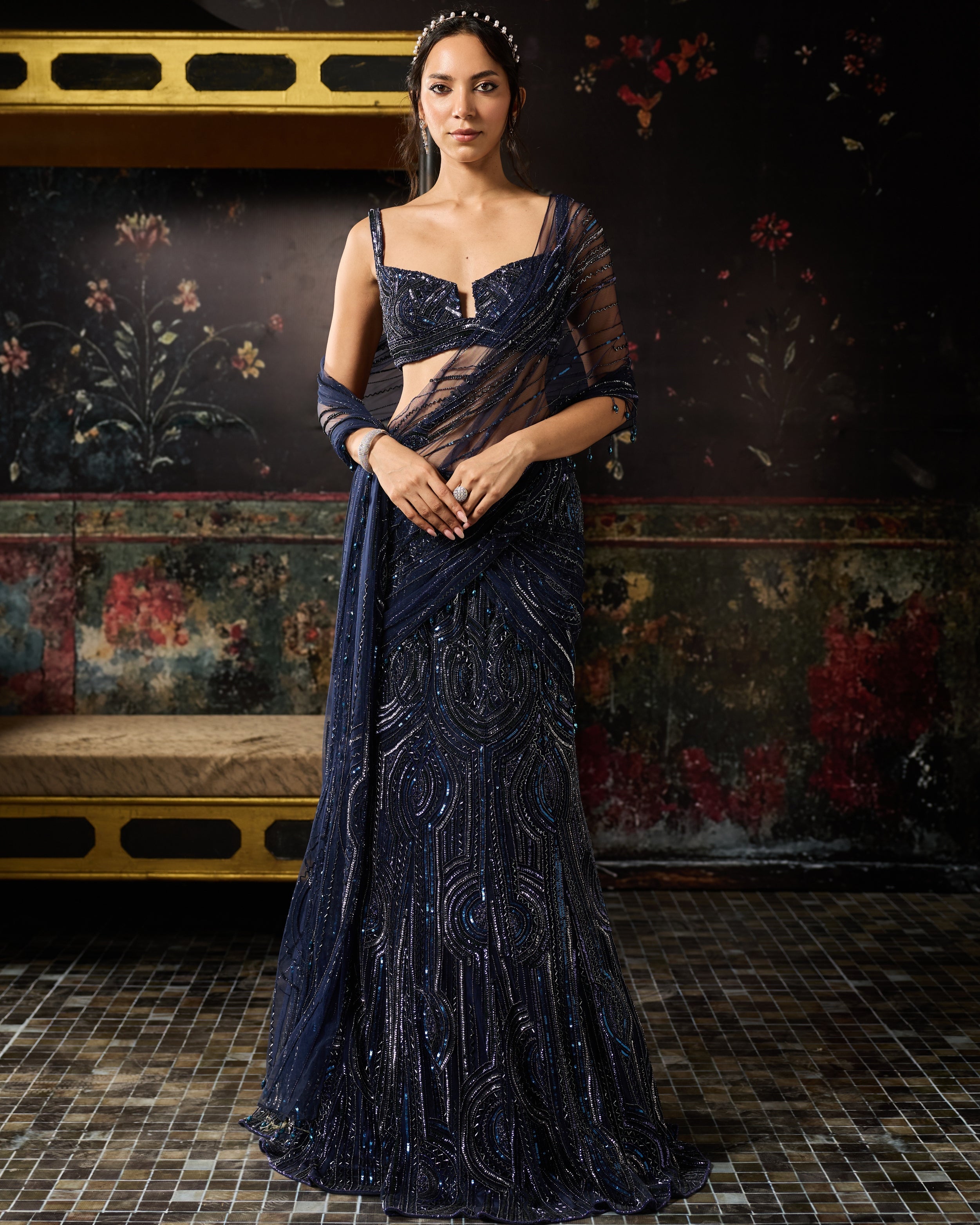 Midnight Blue Embellished Mermaid Skirt Sari Set By KYNAH, Luxury Indian Fashion & Bridal Wear