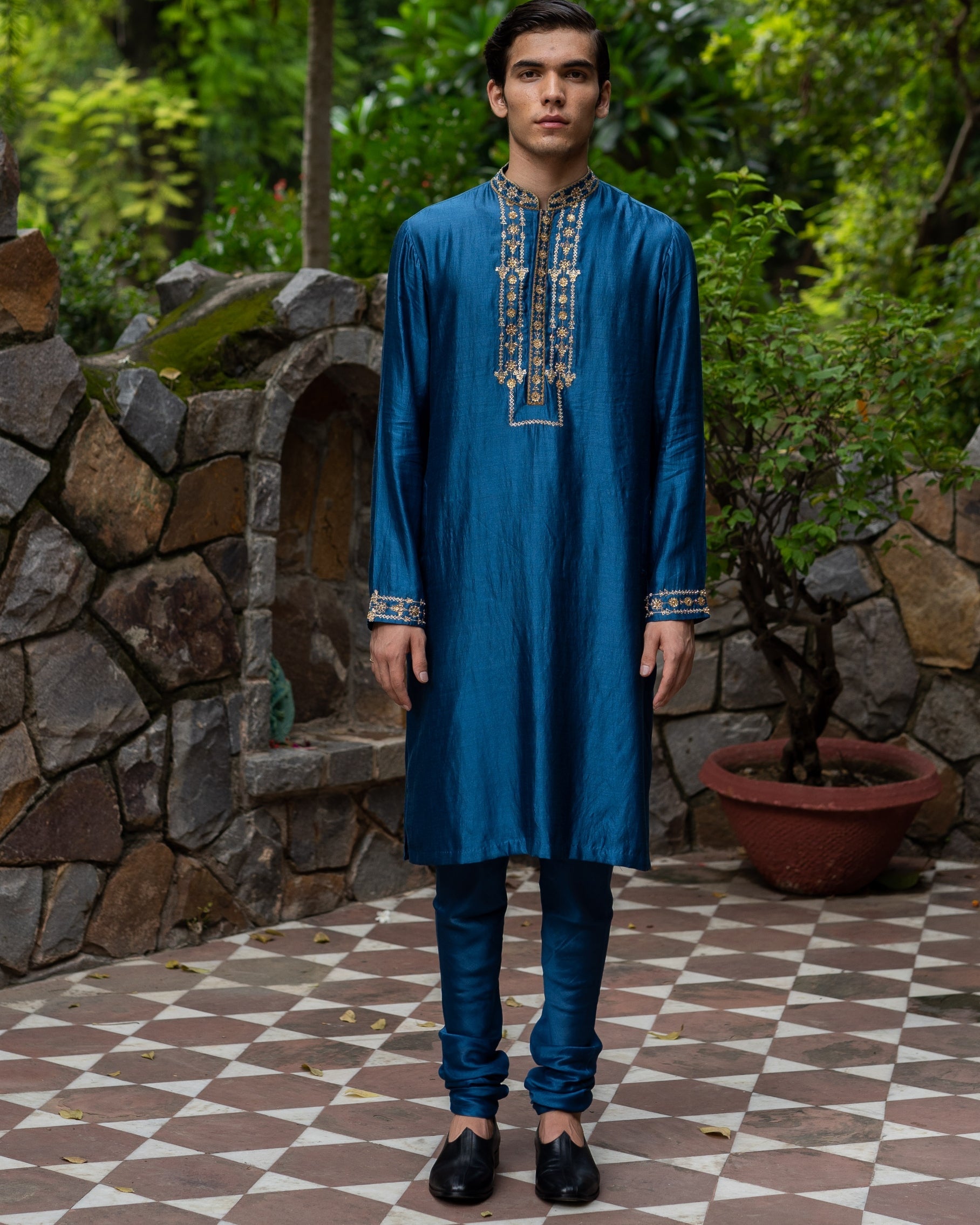 Cobalt Blue Hand Embroidered Mens Silk Kurta With Chudi Pants By KYNAH, Luxury Indian Fashion & Bridal Wear