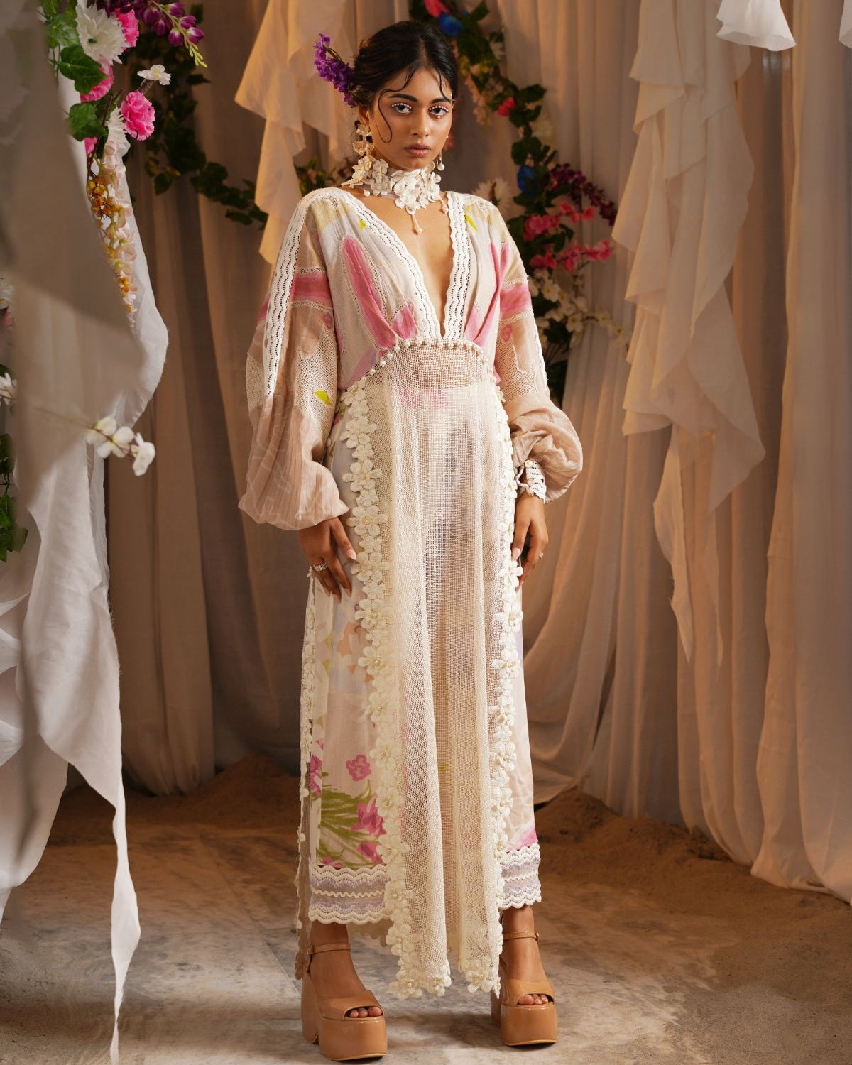 Vally Print Kaftan Kurta With Scalloped Border Cropped Pants By KYNAH, Luxury Indian Fashion & Bridal Wear