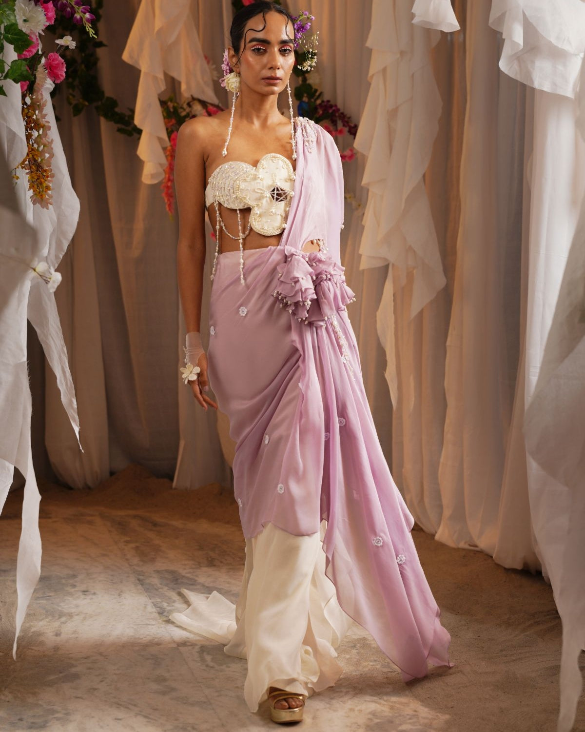 Draped Floret Double Palla Sari With Floret Pearl Bustier By KYNAH, Luxury Indian Fashion & Bridal Wear