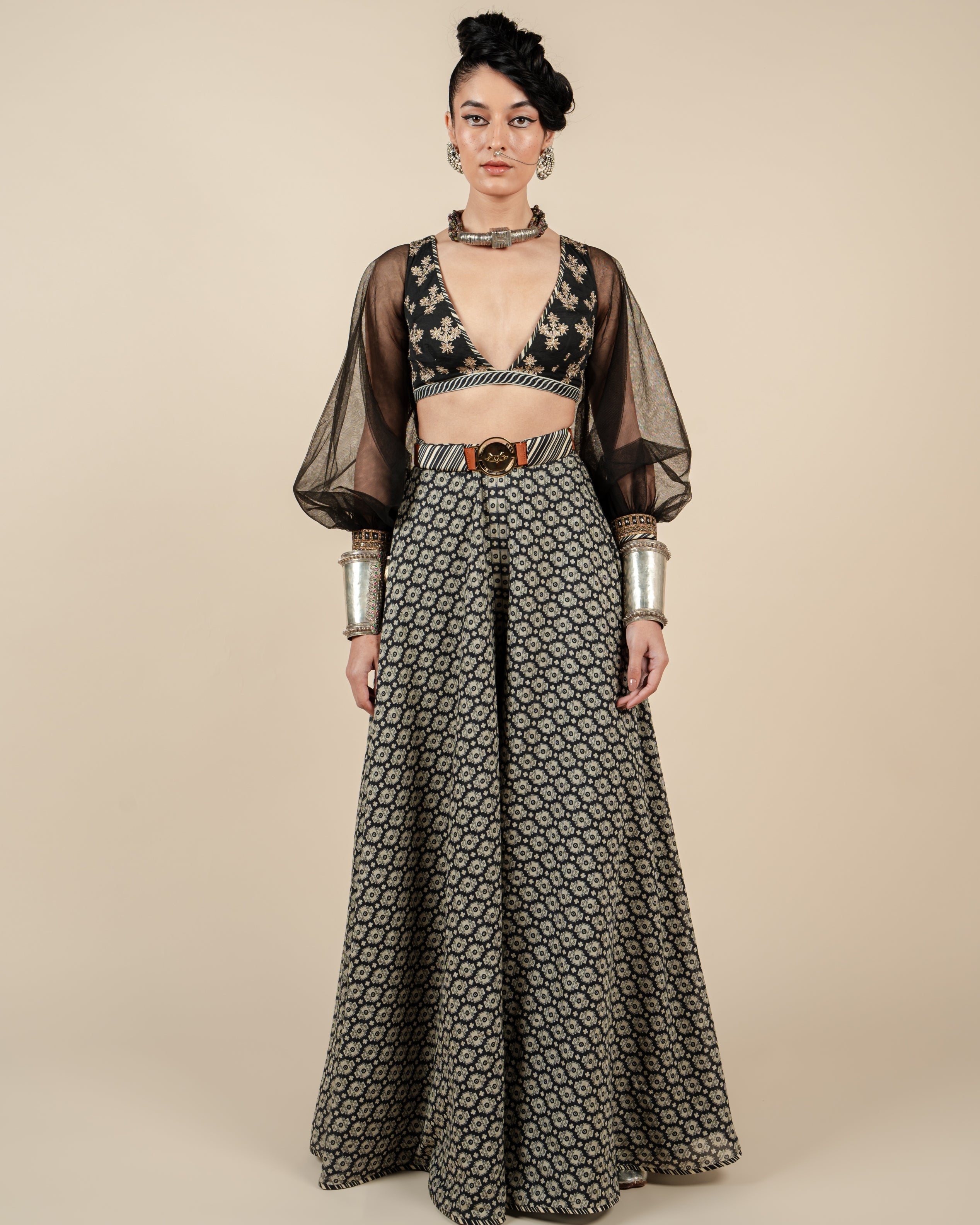 Black Bishop Sleeve Sharara Set By KYNAH, Luxury Indian Fashion & Bridal Wear