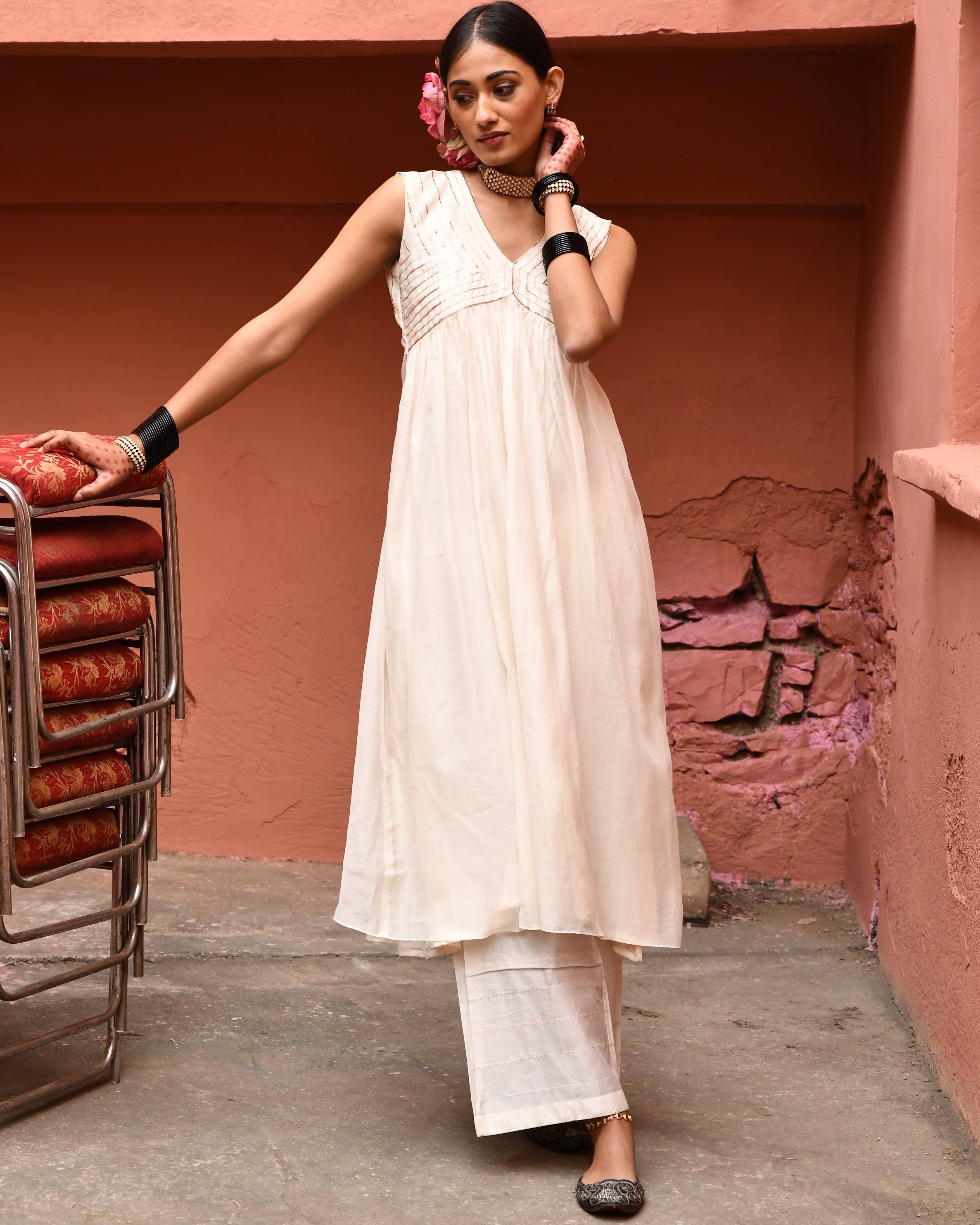 Ivory Gather Kurta Set By KYNAH, Luxury Indian Fashion & Bridal Wear