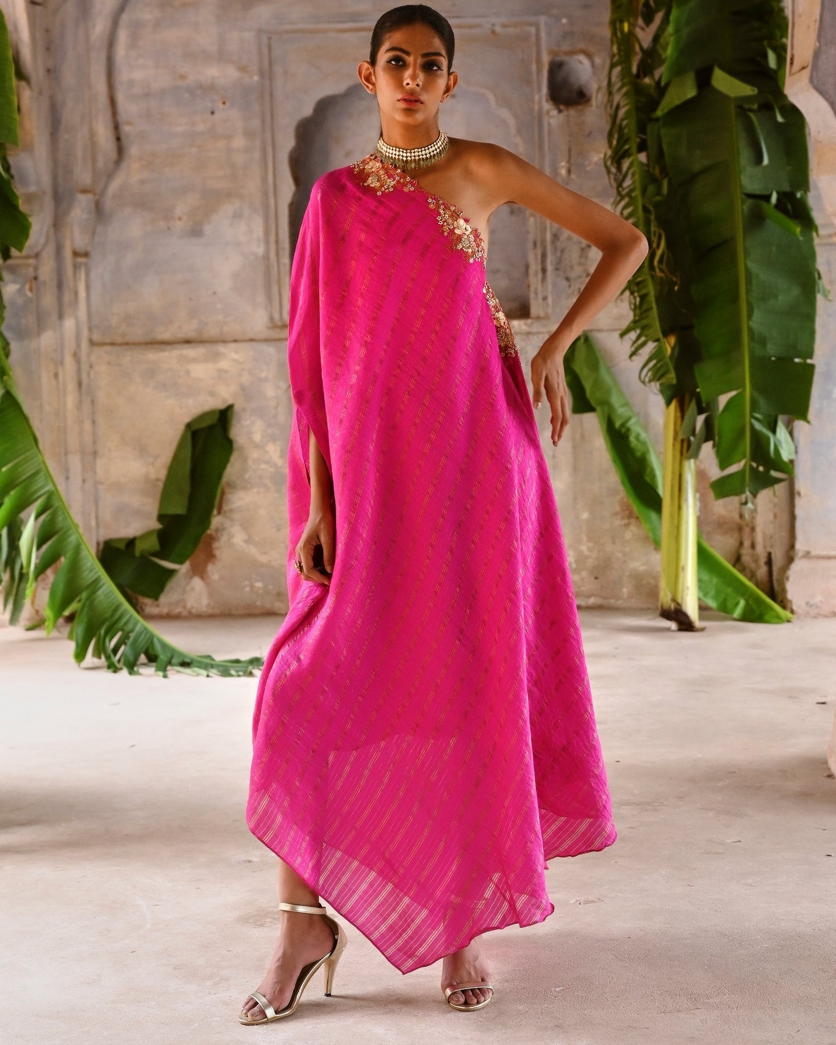 Fuchsia Pink One Shoulder Dress By KYNAH, Luxury Indian Fashion & Bridal Wear