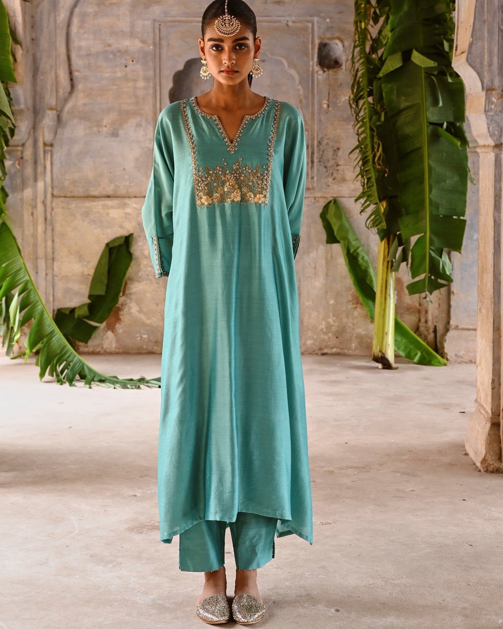 Powder Blue Hand Embroidered Kaftan By KYNAH, Luxury Indian Fashion & Bridal Wear