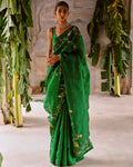 Green Half Organza And Half Silk Sari By KYNAH, Luxury Indian Fashion & Bridal Wear