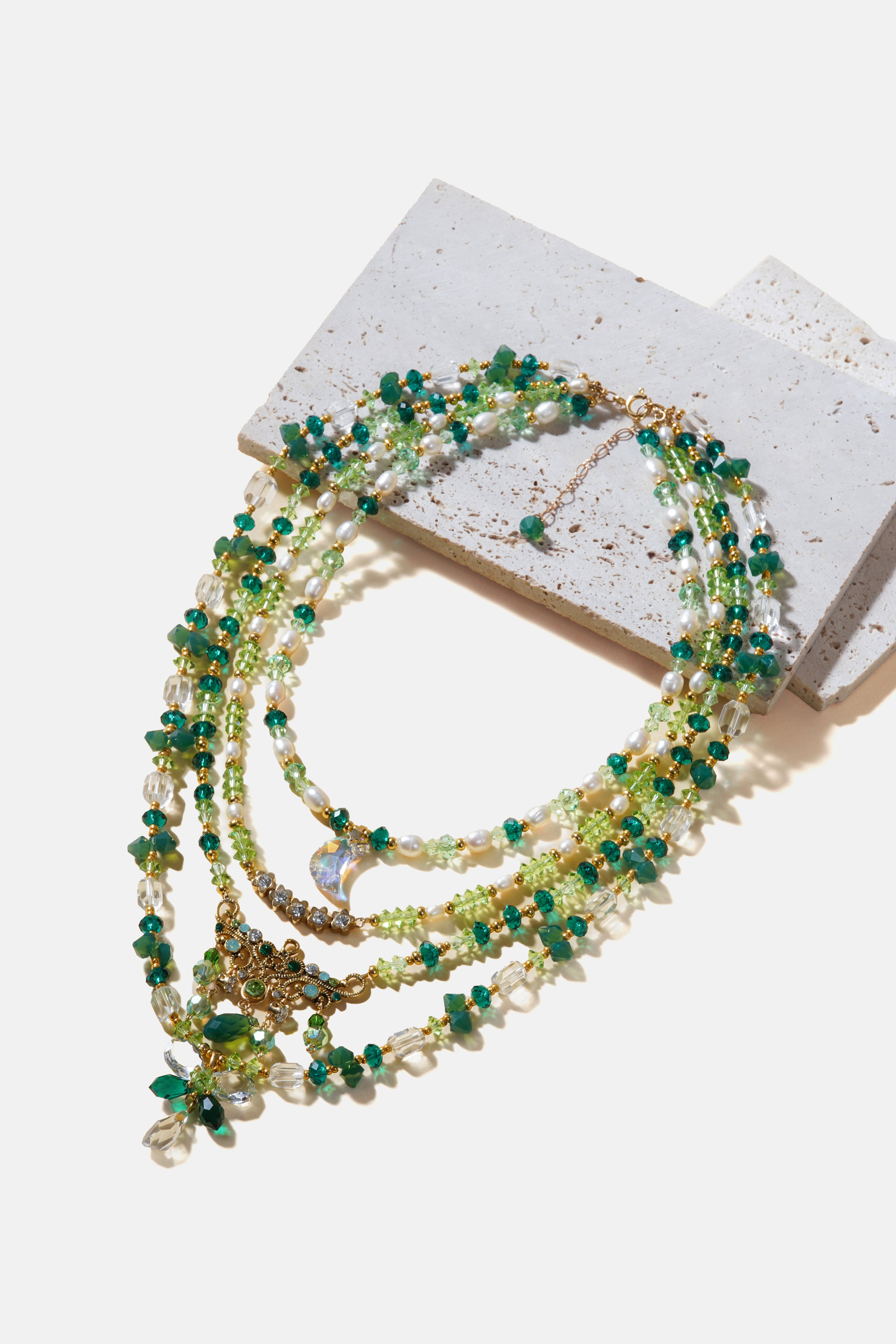 Moonlit Swarovski Crystals with Crescent Charm Multi-Strand Necklace