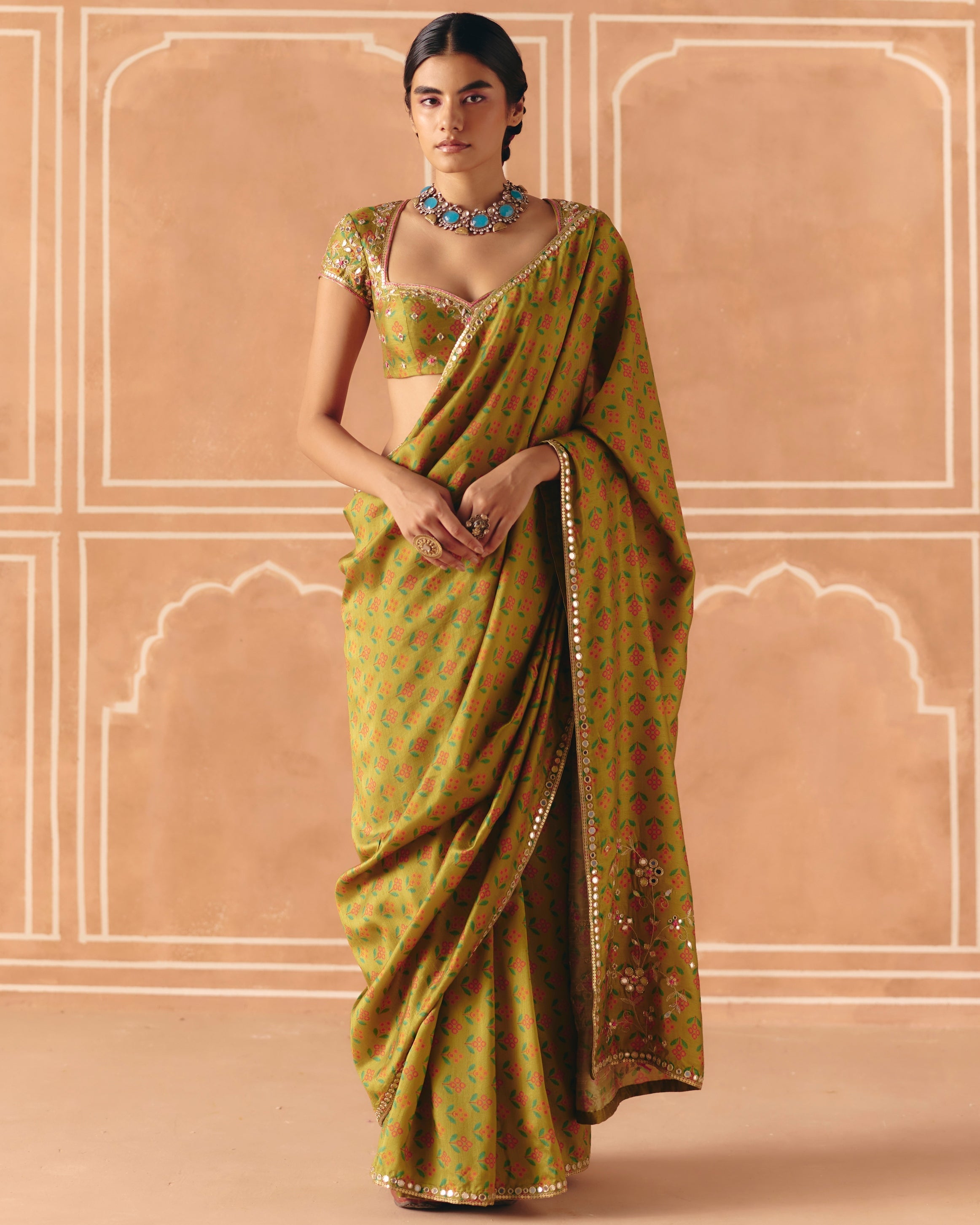 Parrot Green Sari Set By KYNAH, Luxury Indian Fashion & Bridal Wear
