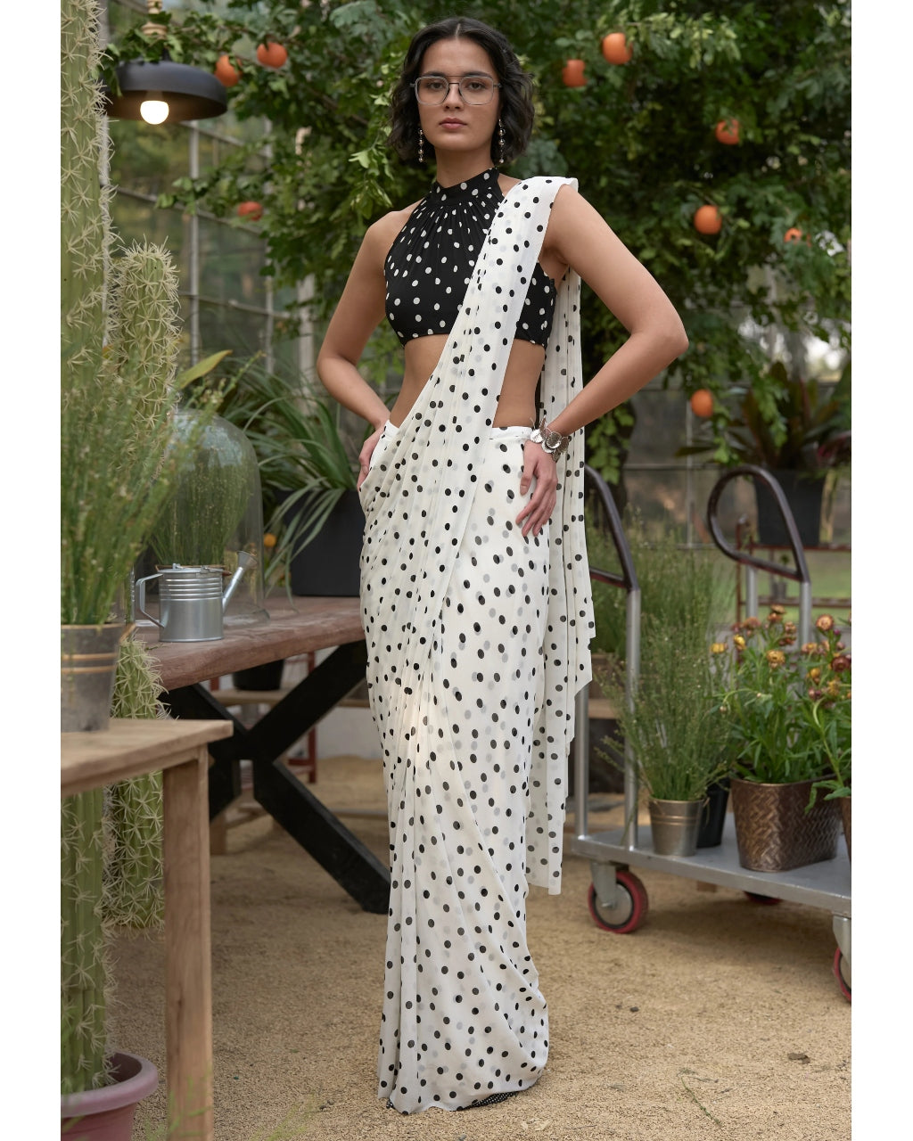 Polka Dot Halter Neck Blouse & Sari Drape Skirt By KYNAH, Luxury Indian Fashion & Bridal Wear