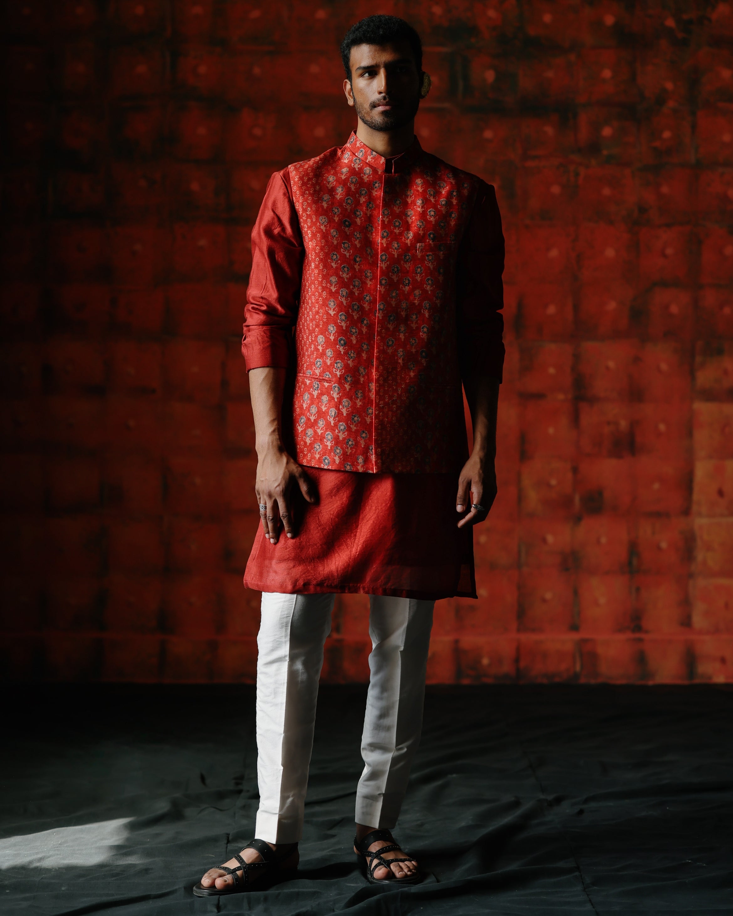 Cassian Brick Red Nehru Jacket Set By KYNAH, Luxury Indian Fashion & Bridal Wear