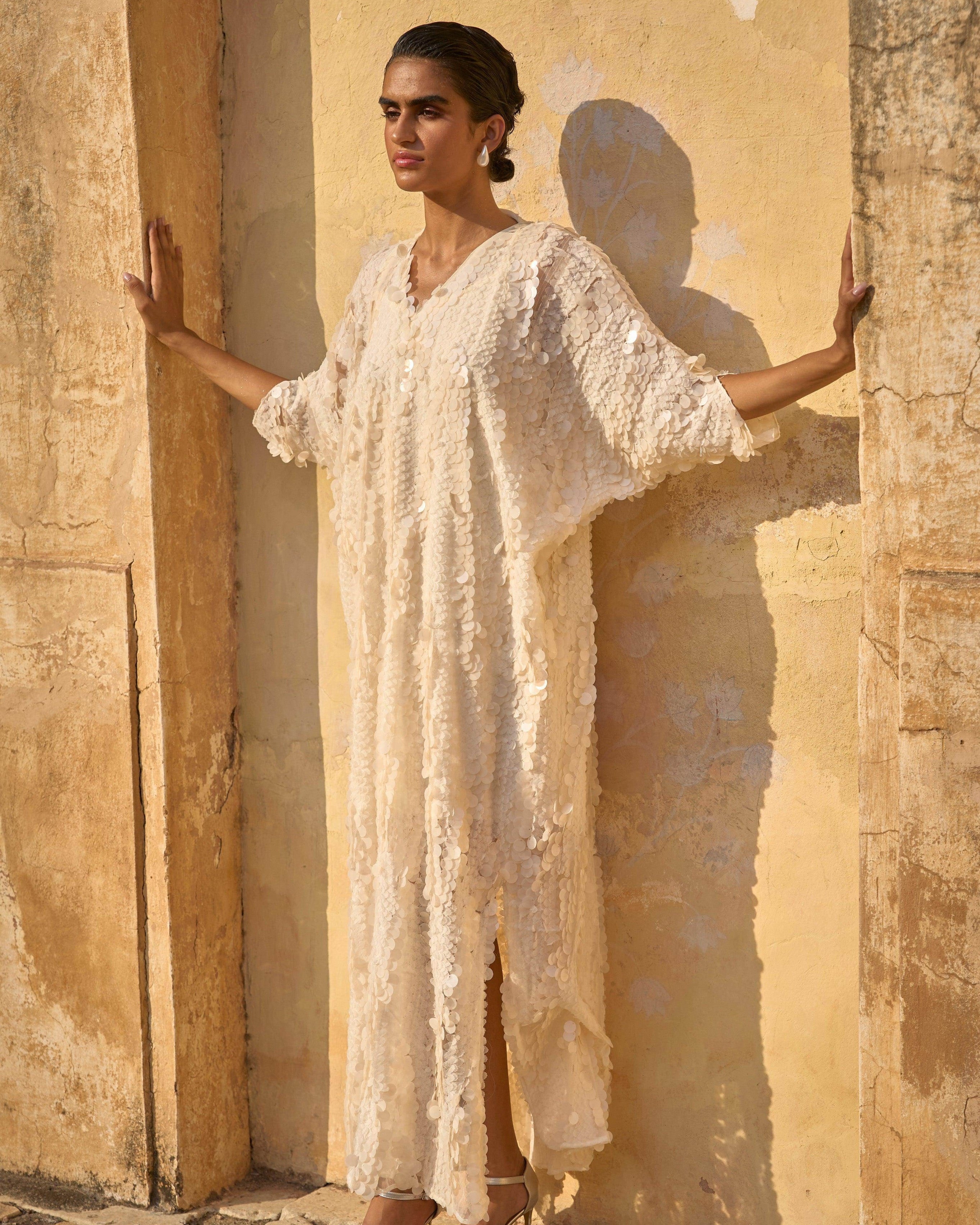 Ivory Pailette Kaftan Dress By KYNAH, Luxury Indian Fashion & Bridal Wear
