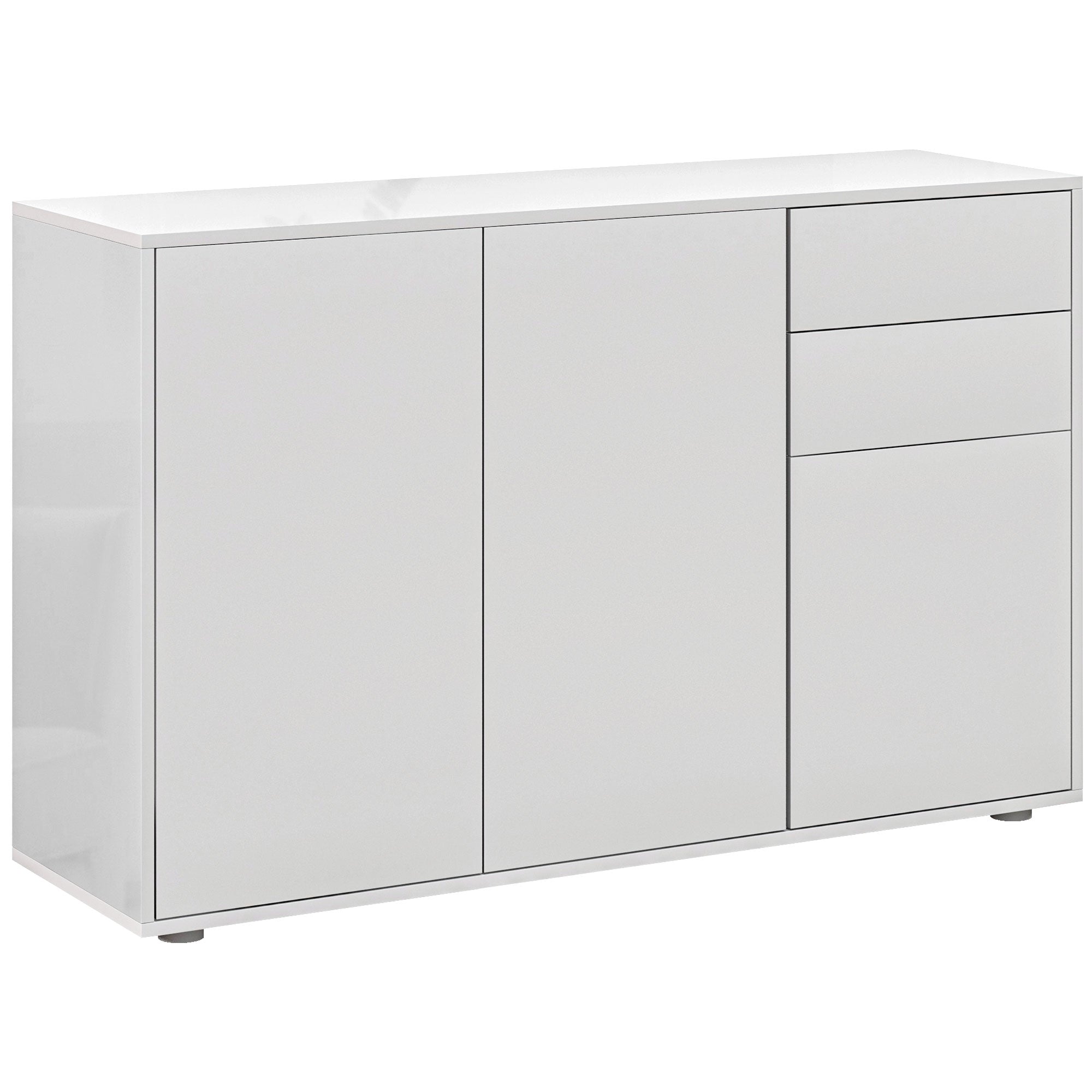 High Gloss Buffet Sideboard with 2 Drawers, 3 Doors and Adjustable Shelf, Kitchen Storage Cabinet with Push Open Design, White