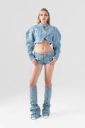 Suiting Denim Jacket and Shorts Set with Puffy Sleeves