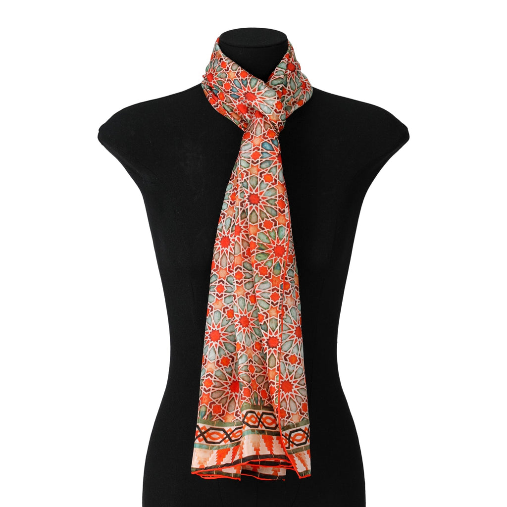 Orange Silk Scarf with Geometric Print Zellige
