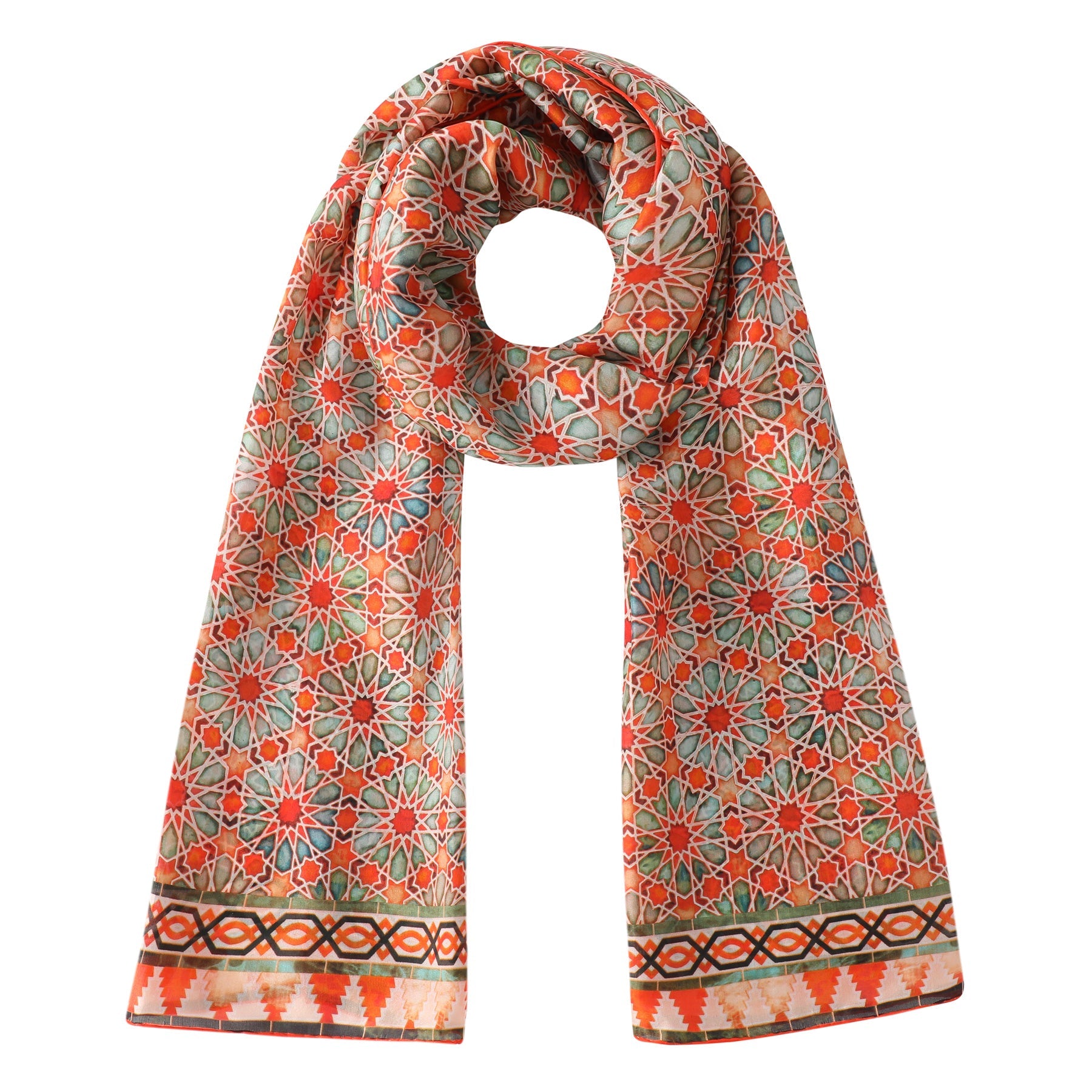 Orange Silk Scarf with Geometric Print Zellige