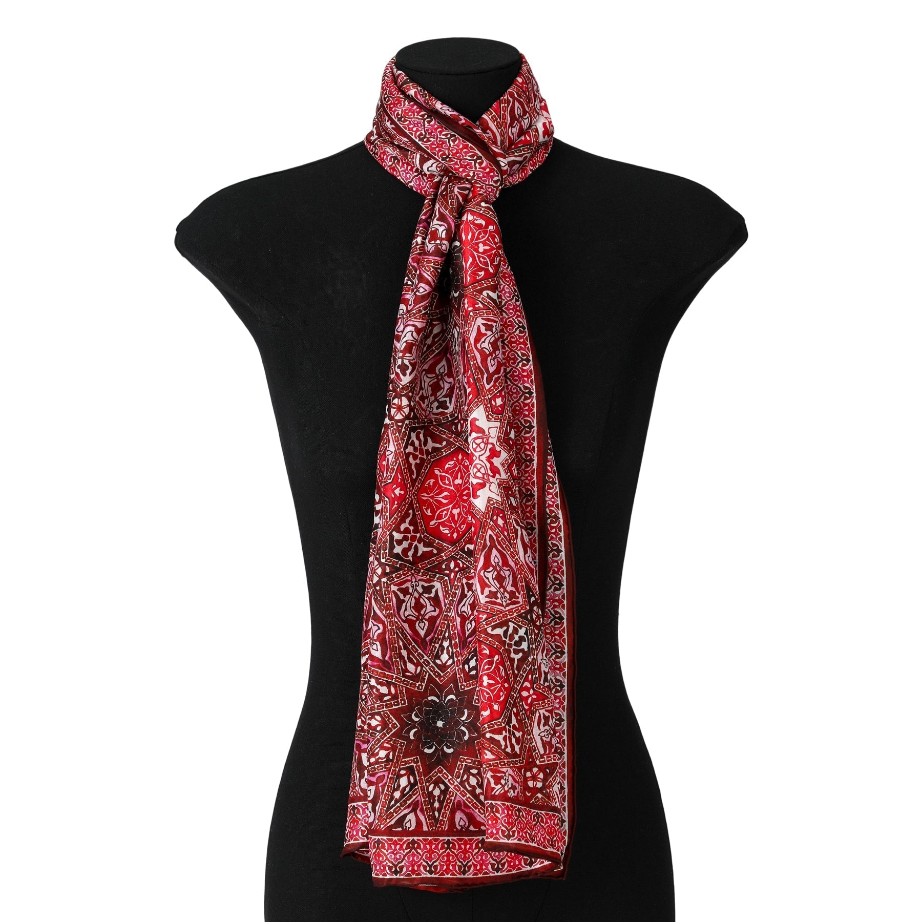 Red Silk Scarf with Geometric Turkish Print