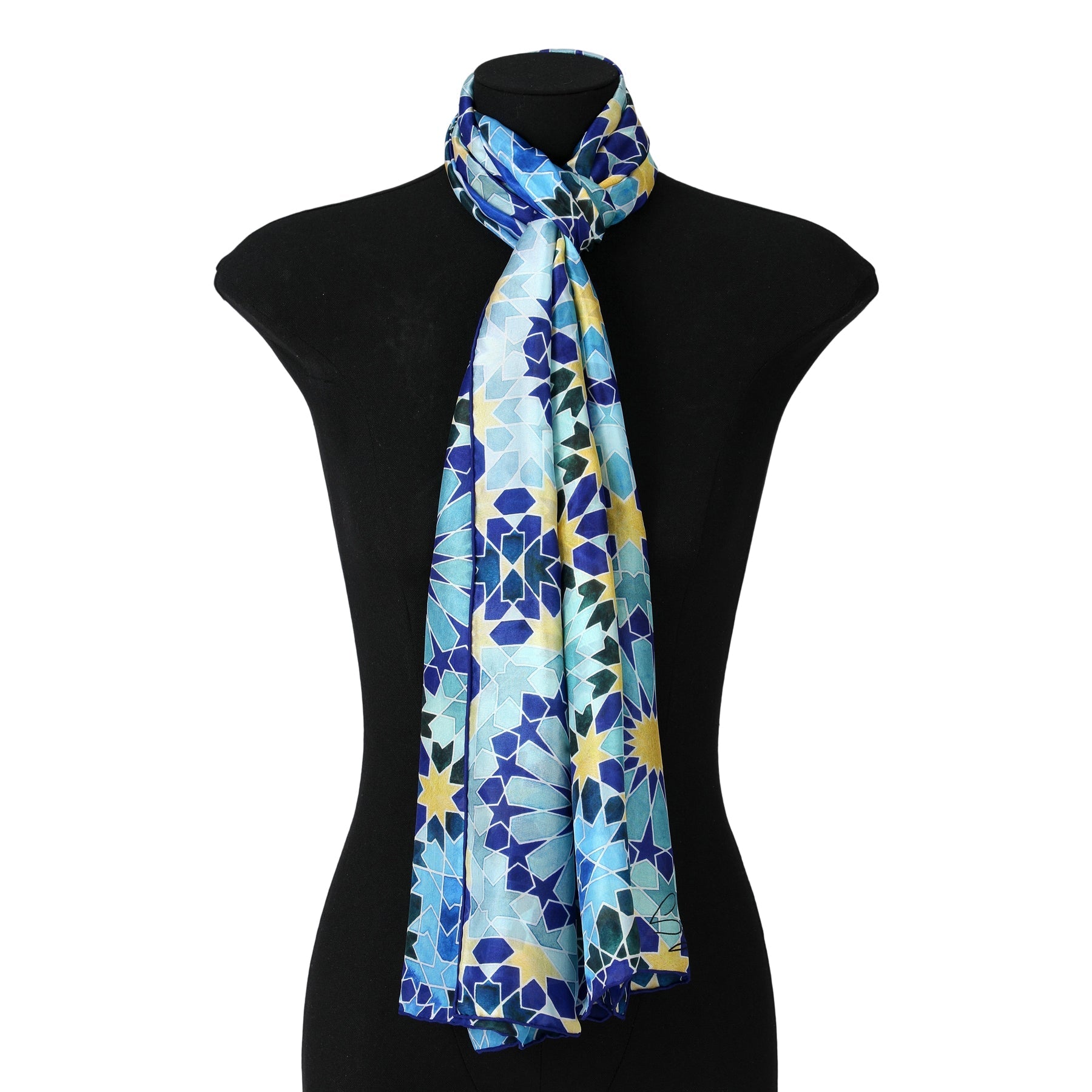 Blue and Gold Silk Scarf Secret Flower