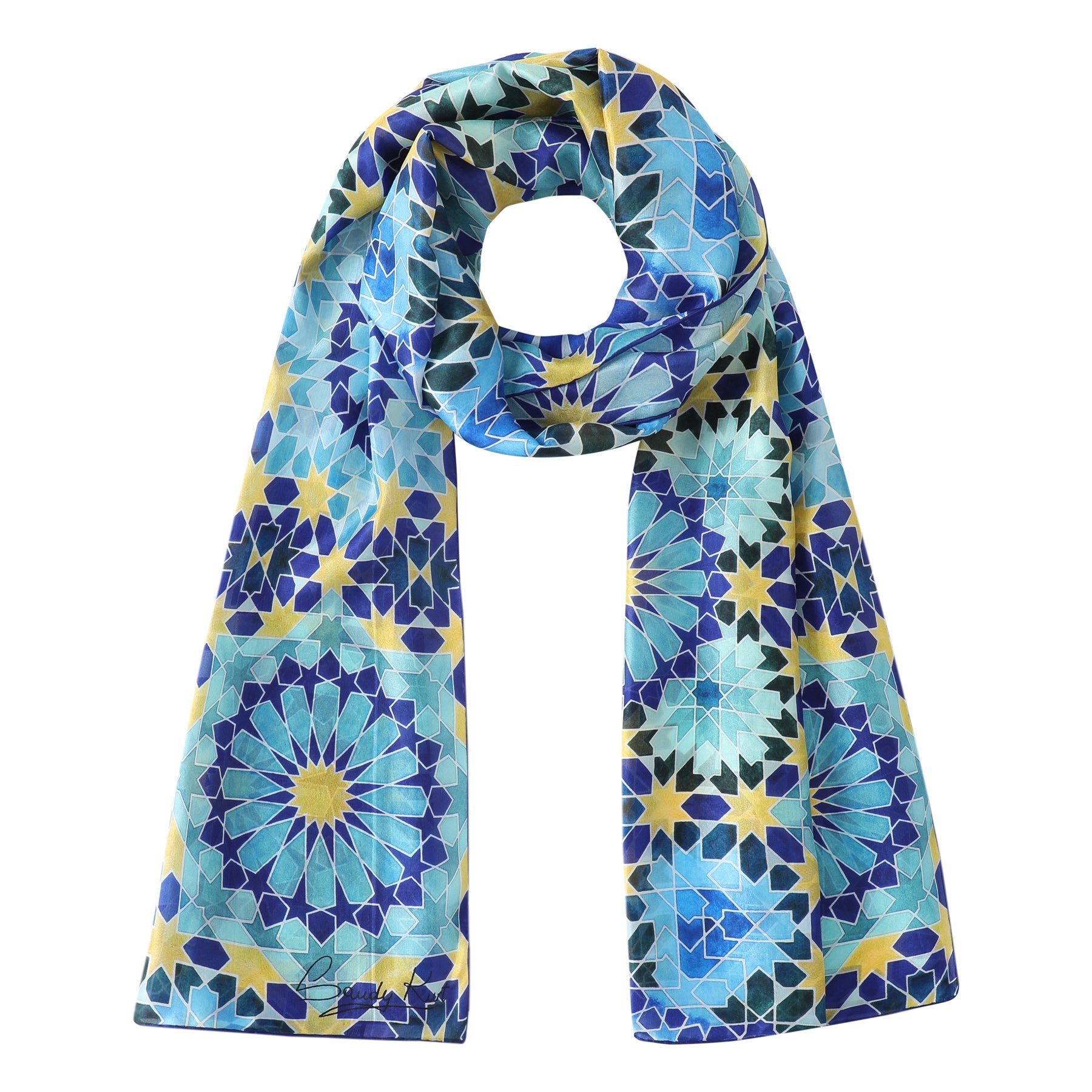 Blue and Gold Silk Scarf Secret Flower