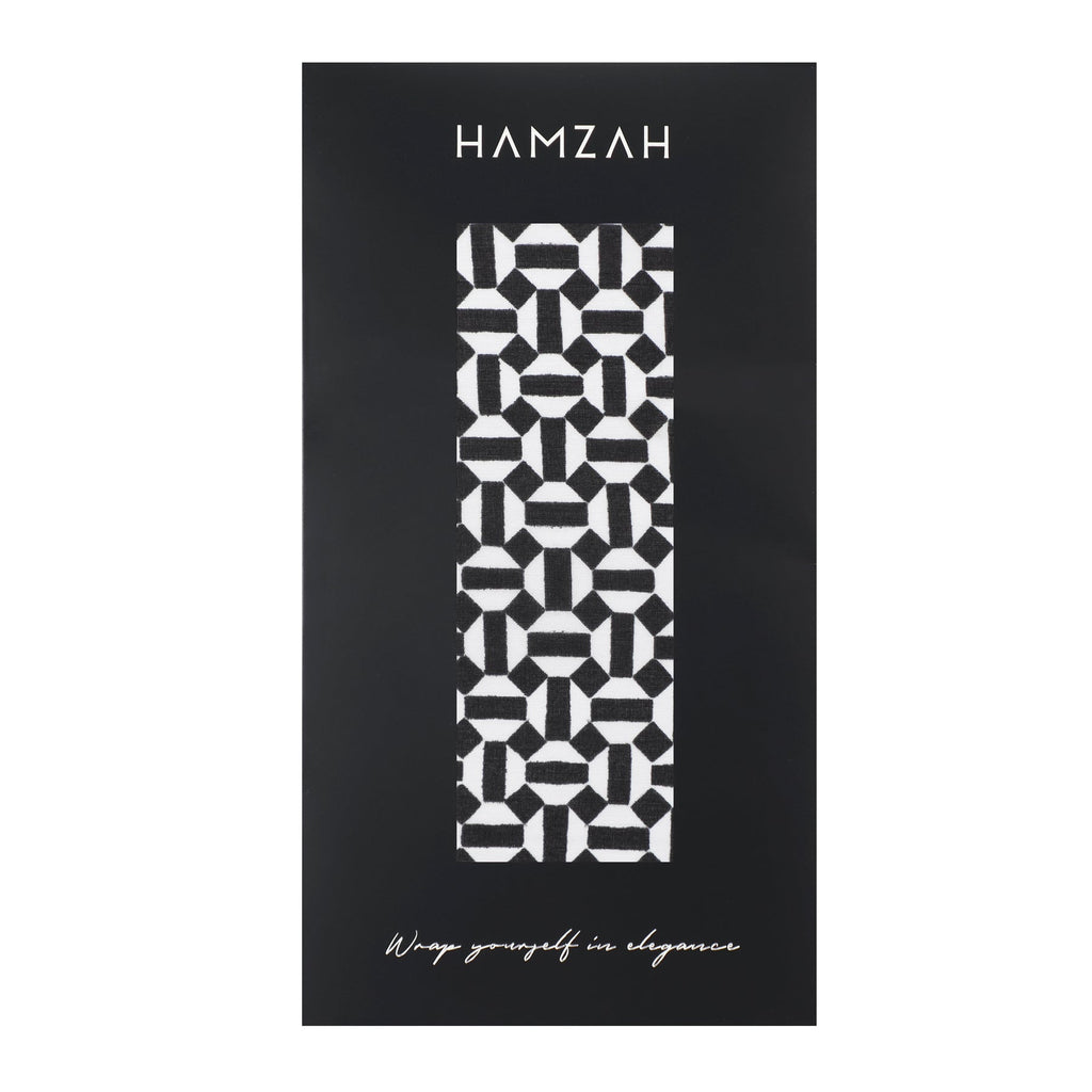 Black and White Silk Scarf with Geometric Print Aswad