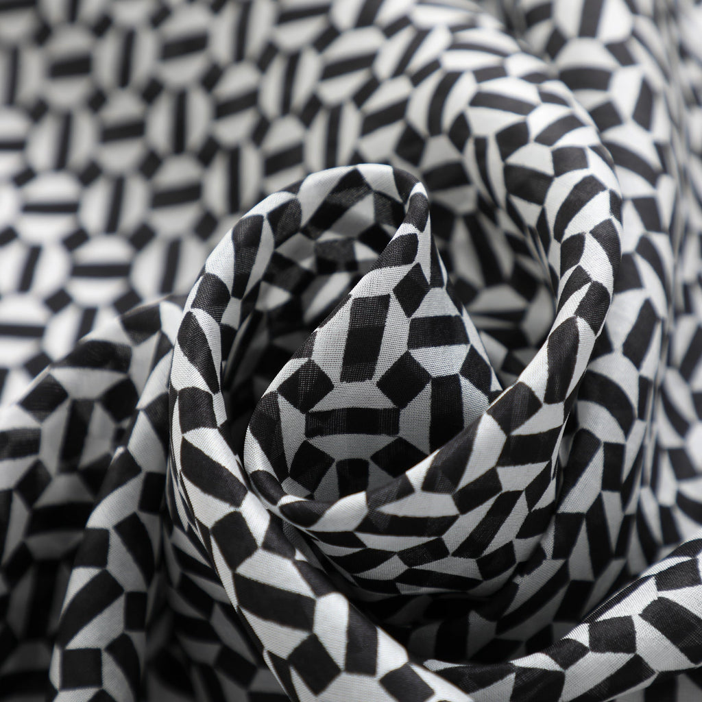 Black and White Silk Scarf with Geometric Print Aswad