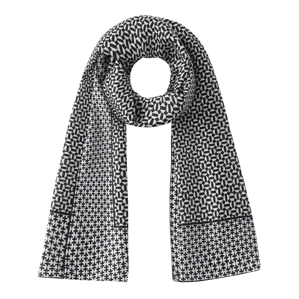 Black and White Silk Scarf with Geometric Print Aswad