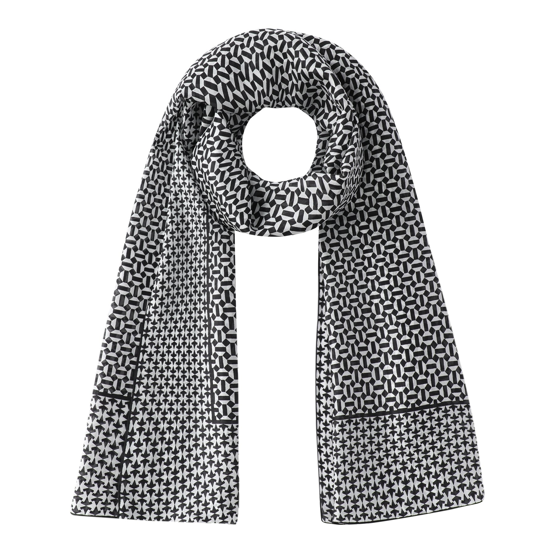 Black and White Silk Scarf with Geometric Print Aswad