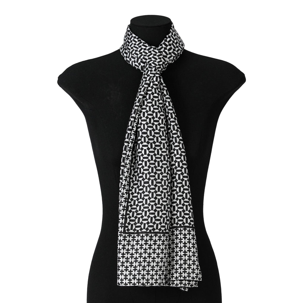 Black and White Silk Scarf with Geometric Print Aswad