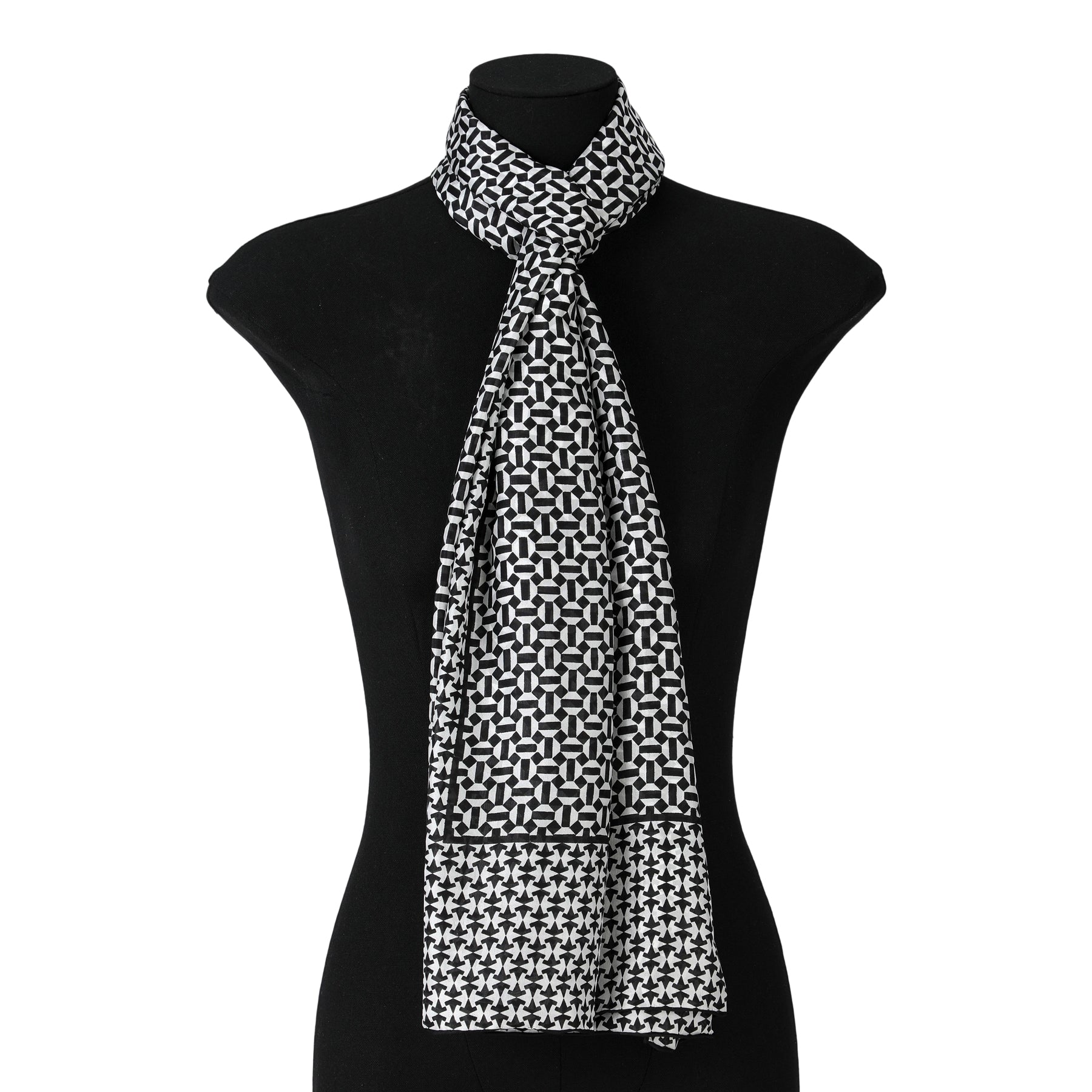 Black and White Silk Scarf with Geometric Print Aswad