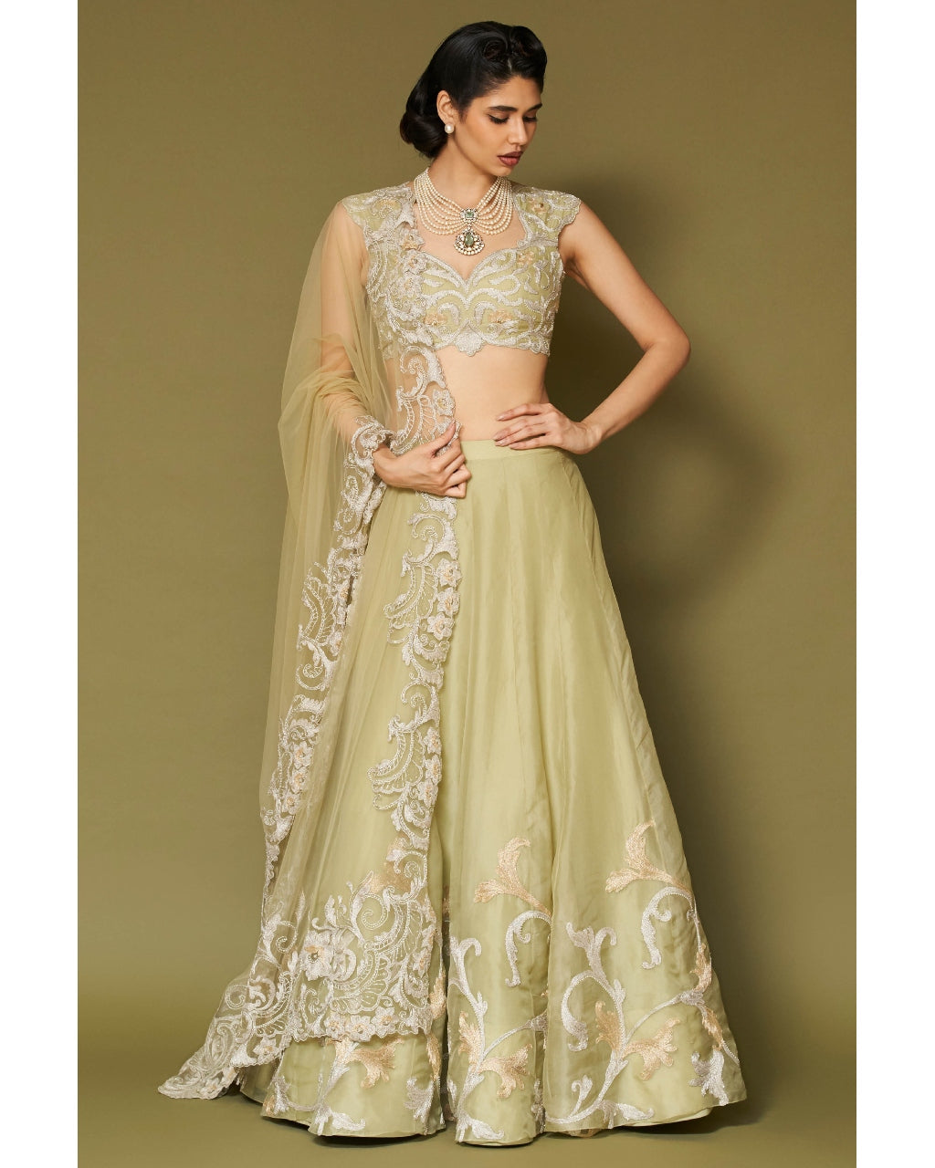 Pistachio Embroidered Silk Organza Lehenga Set By KYNAH, Luxury Indian Fashion & Bridal Wear