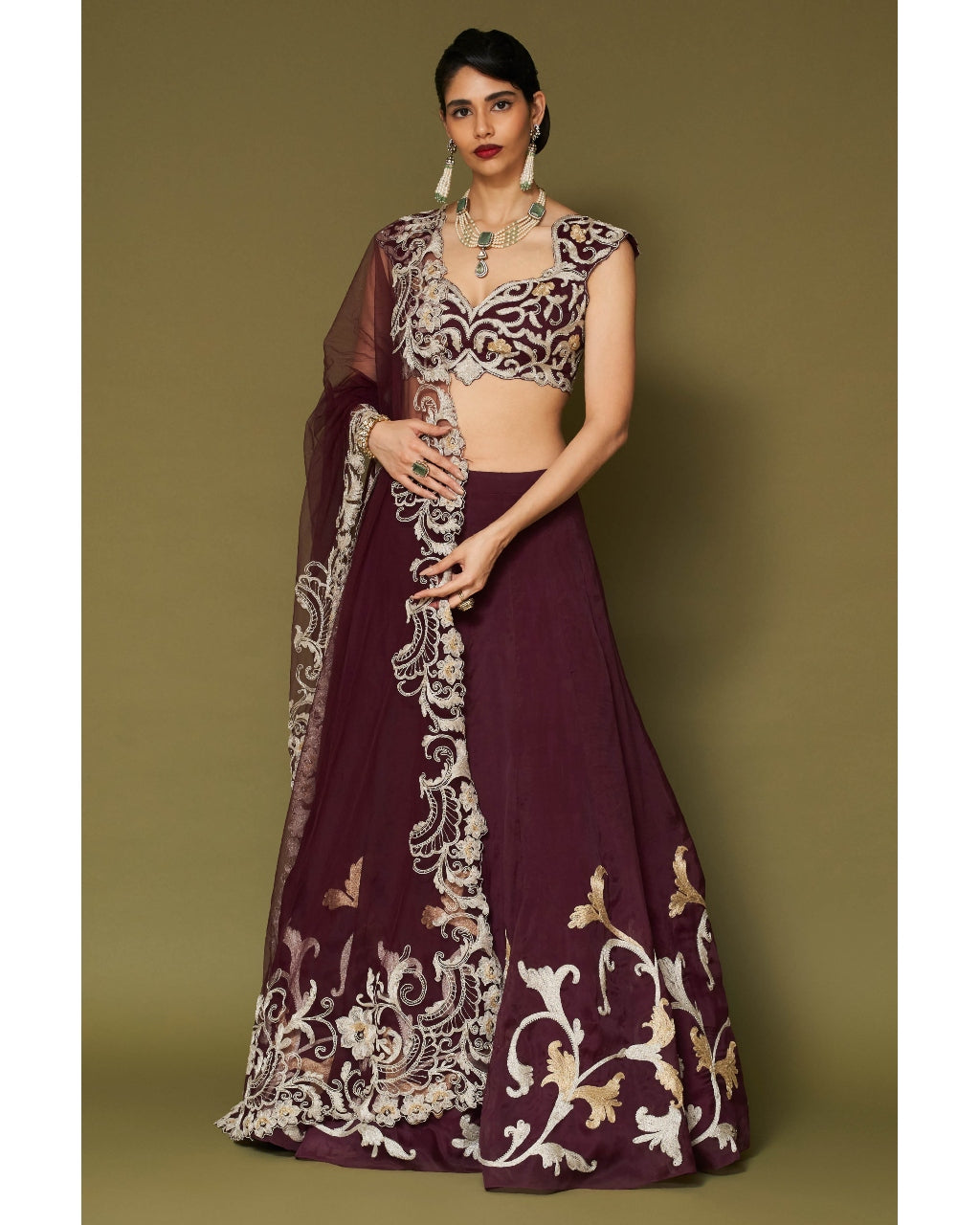 Wine Embroidered Silk Organza Lehenga Set By KYNAH, Luxury Indian Fashion & Bridal Wear